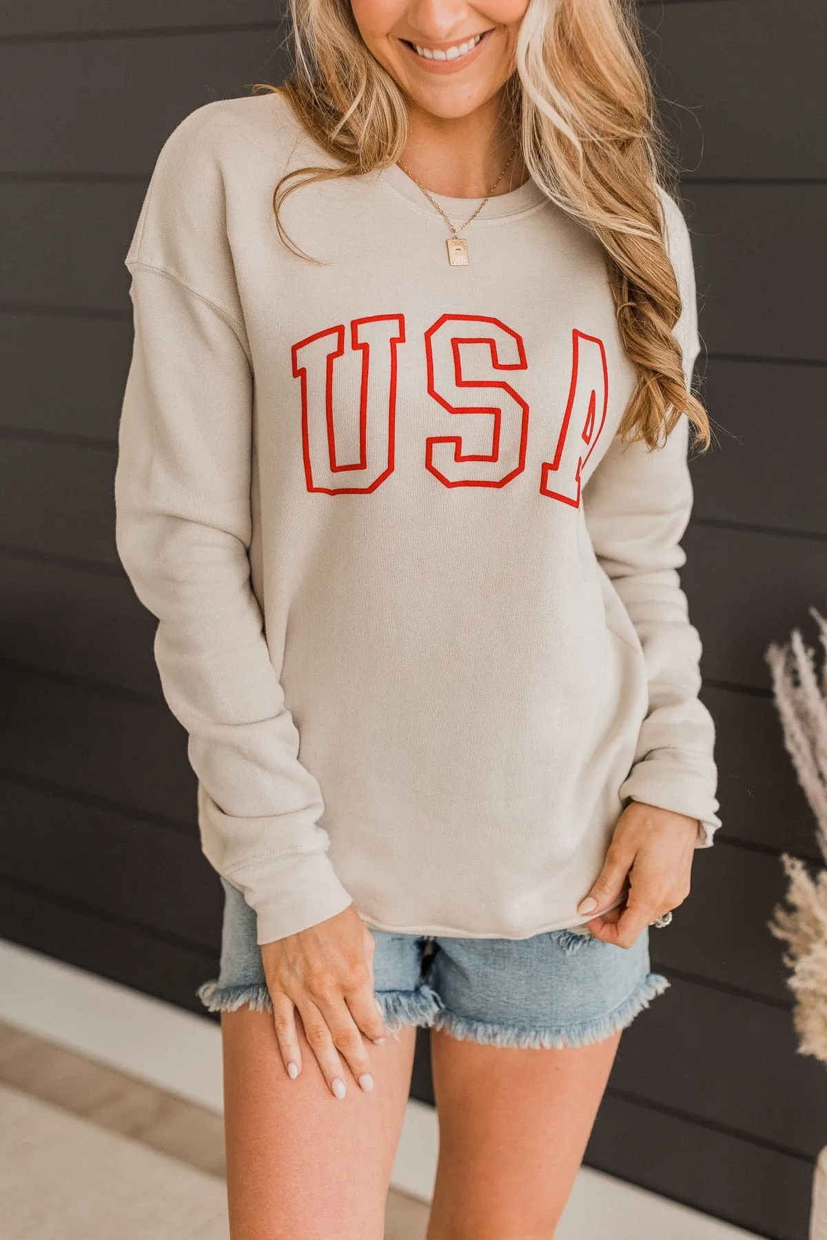 "USA" Crew Neck Pullover- Beige
