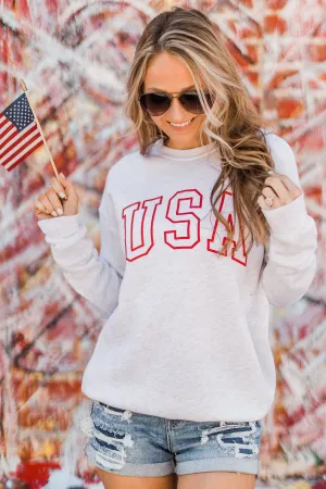 "USA" Crew Neck Pullover- Light Heather Grey