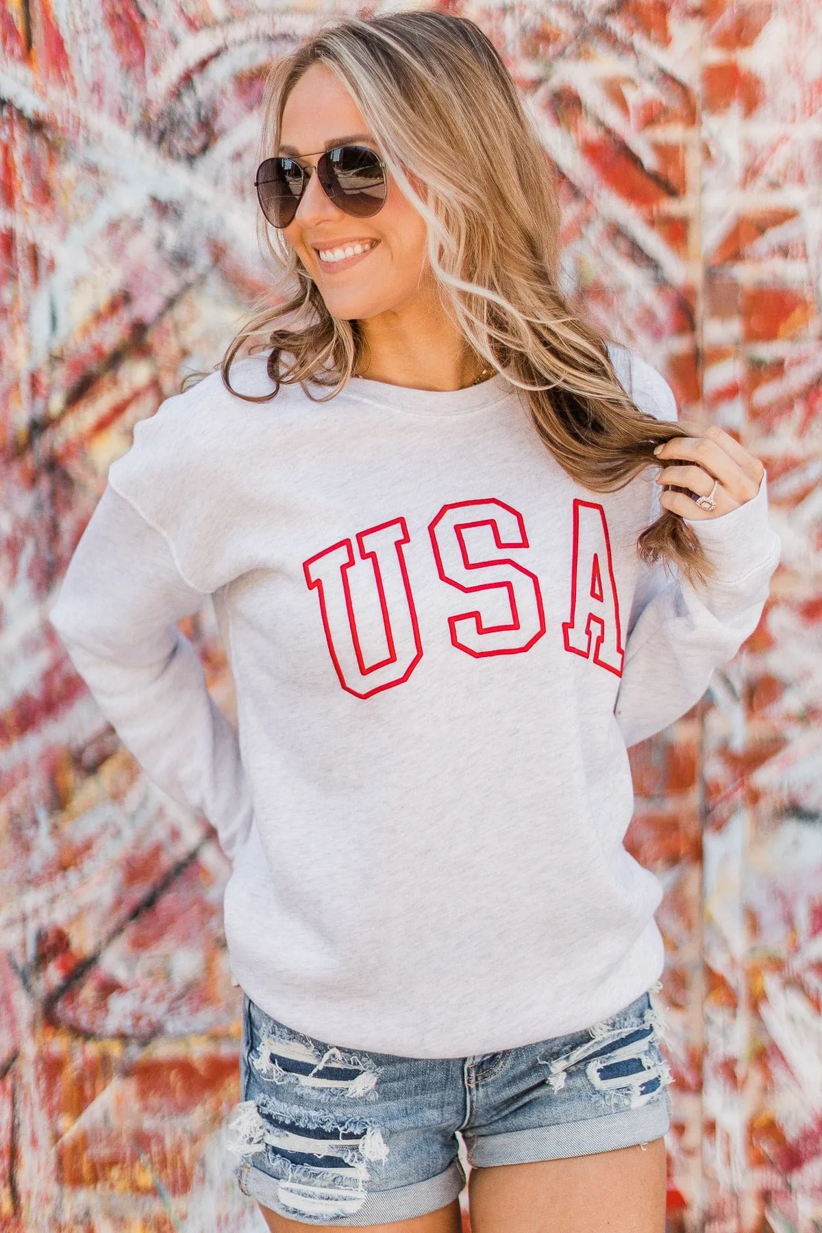 "USA" Crew Neck Pullover- Light Heather Grey