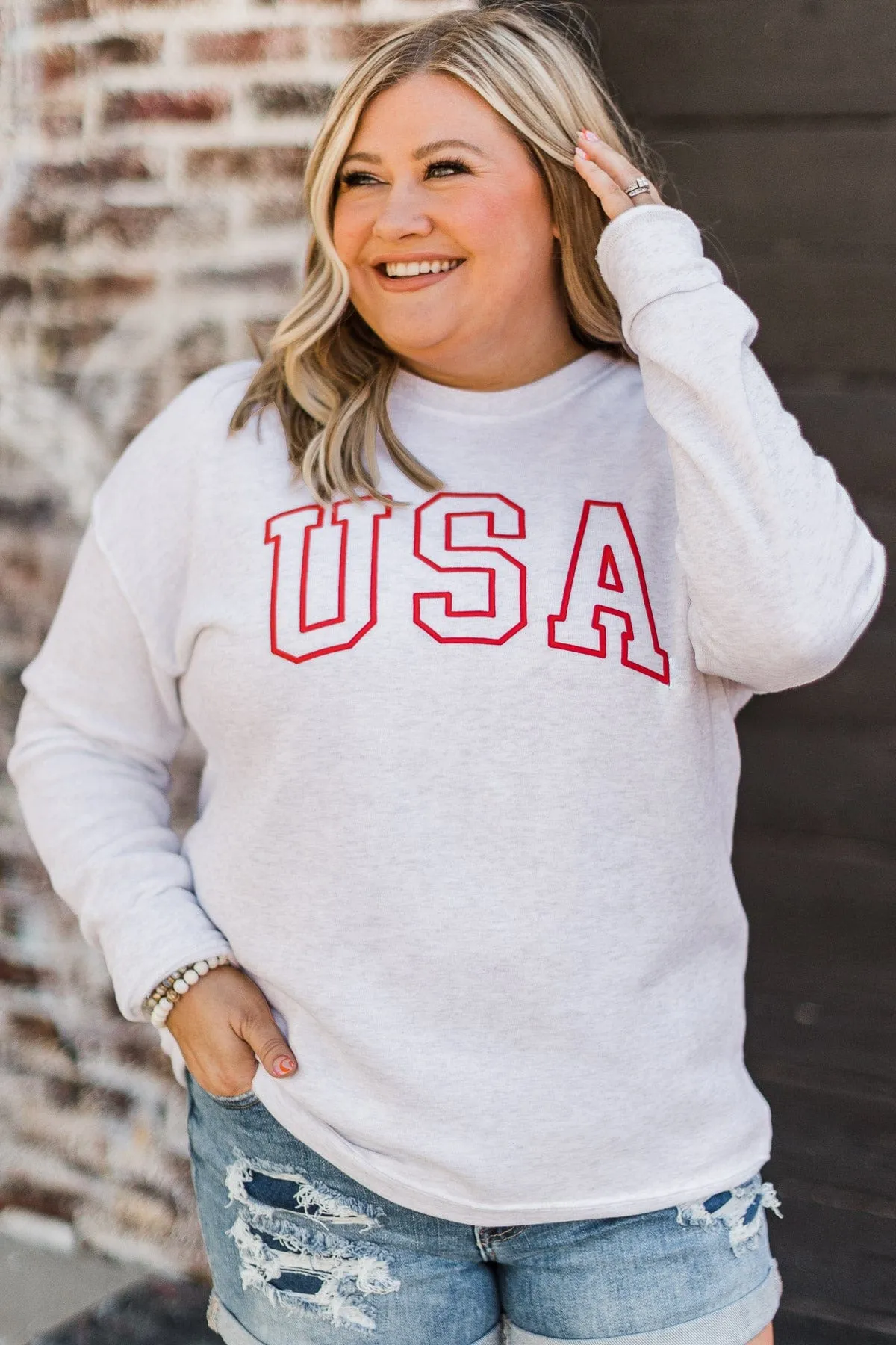 "USA" Crew Neck Pullover- Light Heather Grey