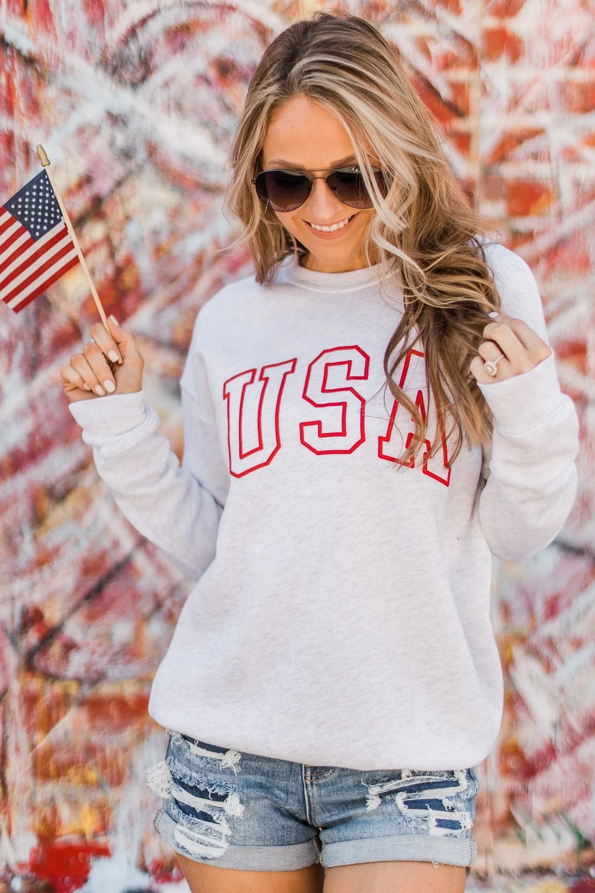 "USA" Crew Neck Pullover- Light Heather Grey
