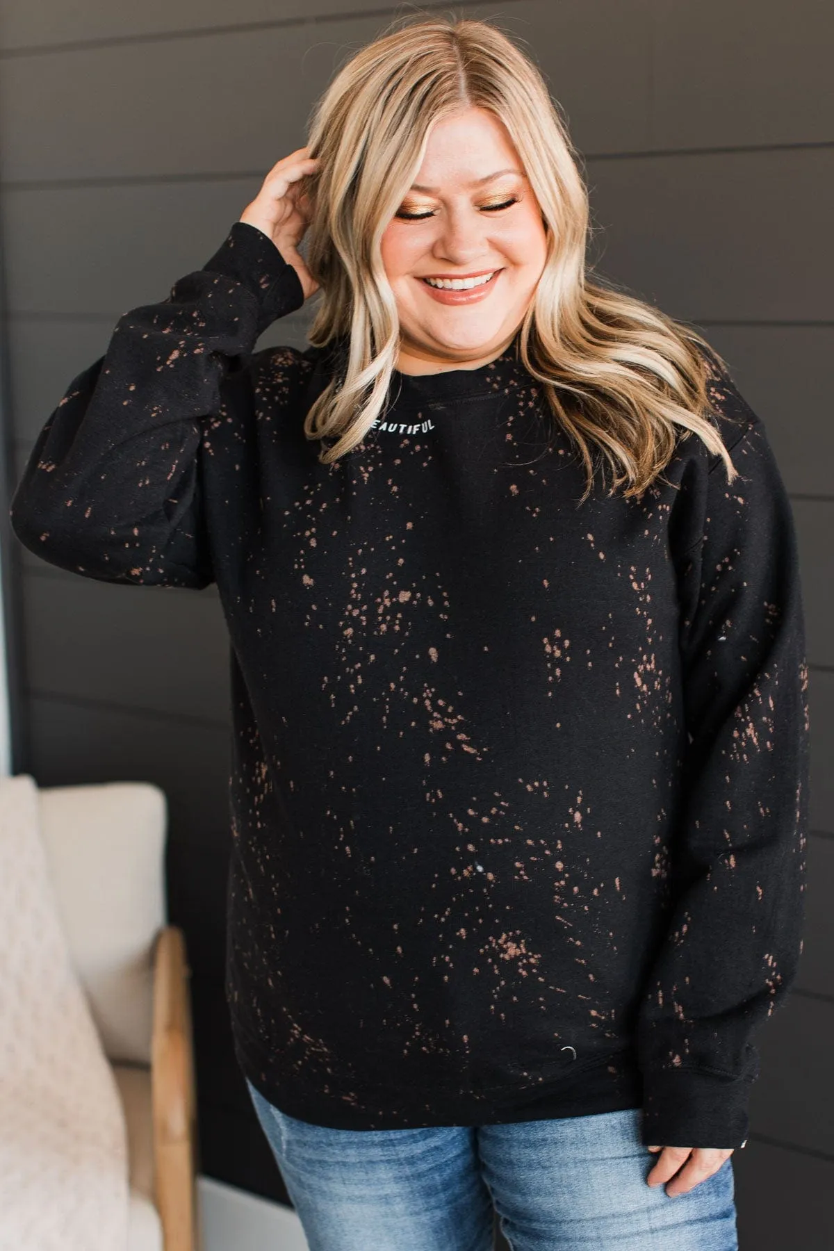 "You Are Beautiful" Bleached Crew Neck- Black