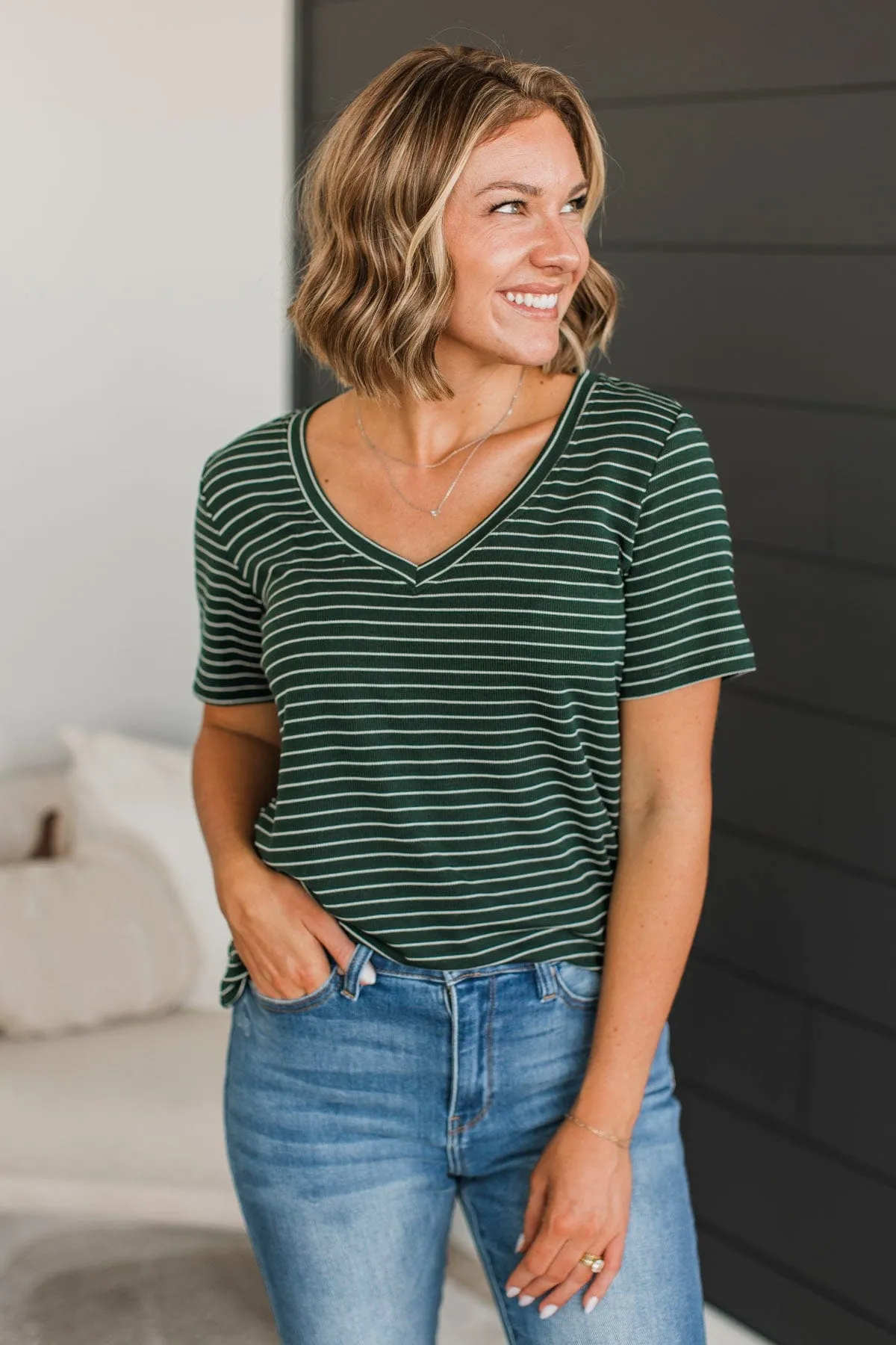 Radiate Confidence Striped V-Neck Top- Wintergreen