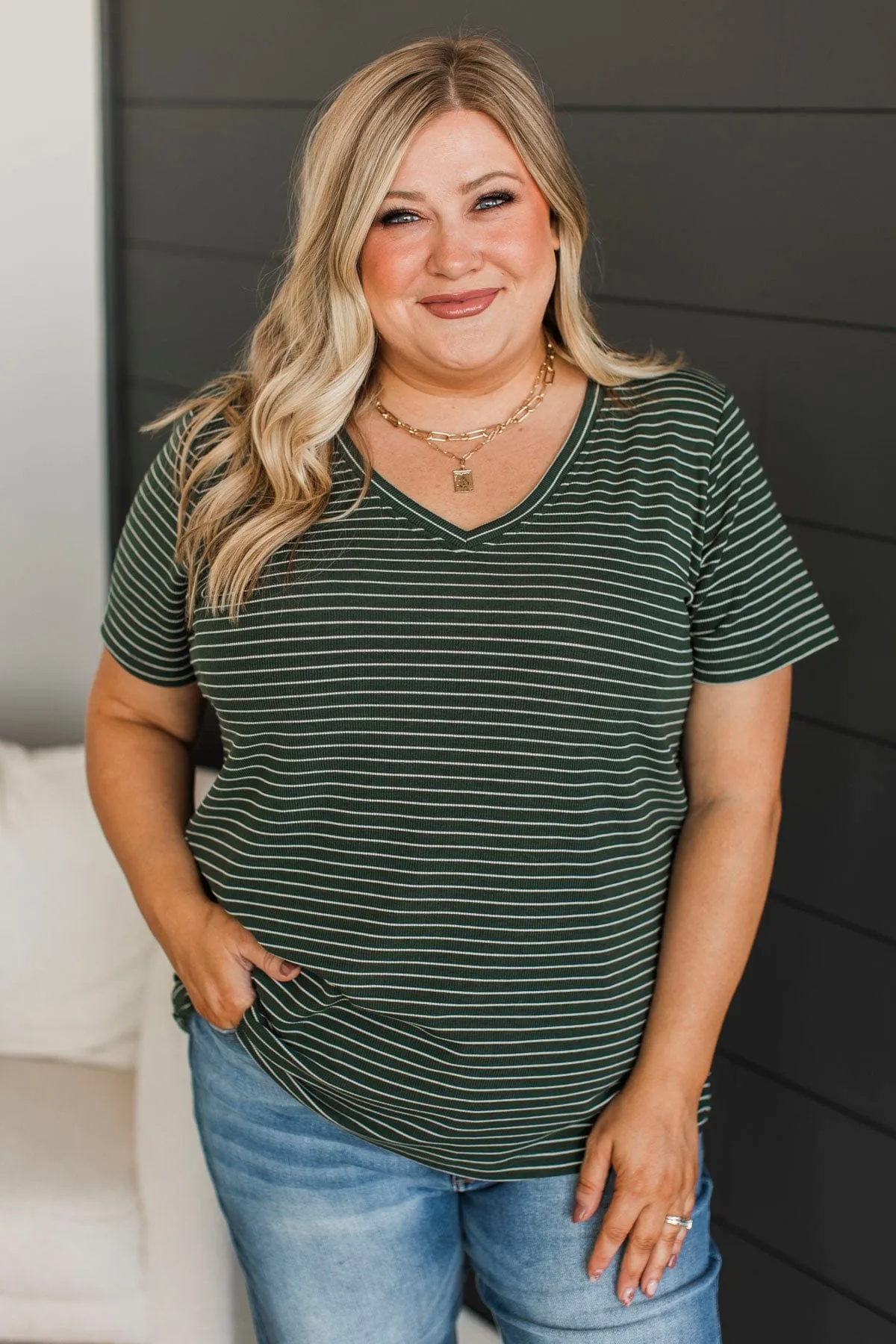 Radiate Confidence Striped V-Neck Top- Wintergreen