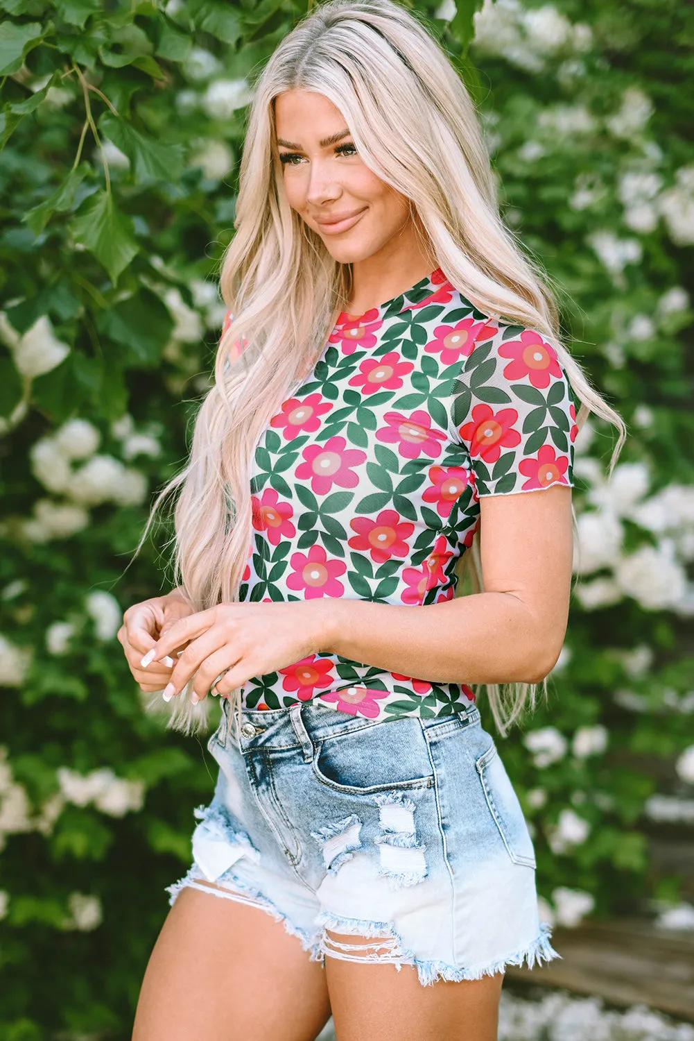 Retro Floral Print Crew Neck T Shirt