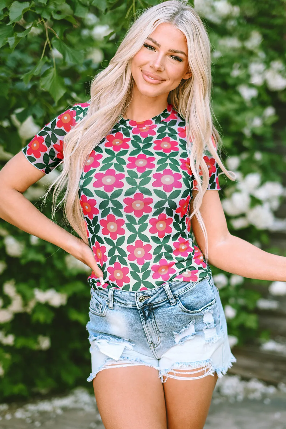 Retro Floral Print Crew Neck T Shirt