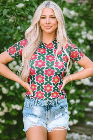 Retro Floral Print Crew Neck T Shirt