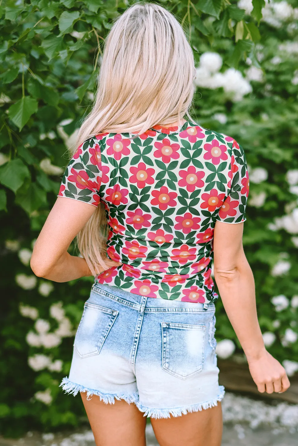Retro Floral Print Crew Neck T Shirt
