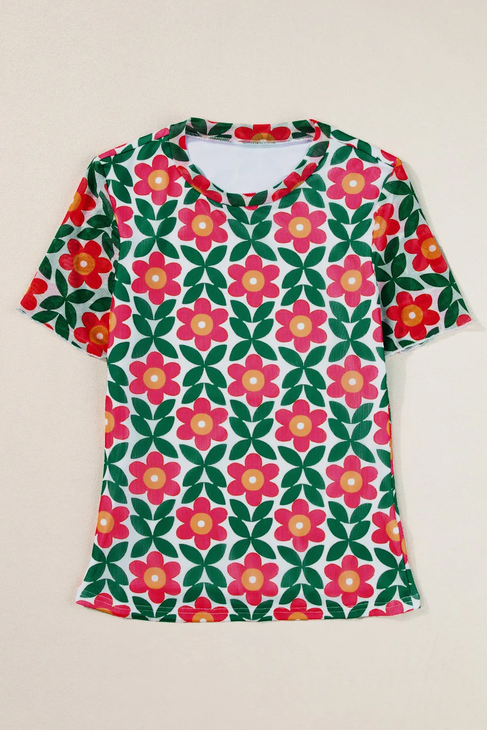 Retro Floral Print Crew Neck T Shirt