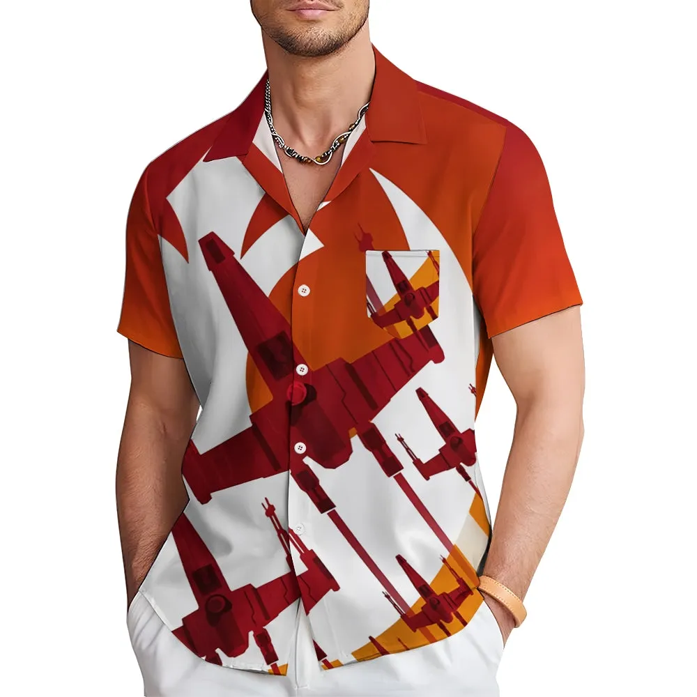 Retro Gradient Travel Spaceship Print Bamboo Linen Short Sleeve Shirt 2407003415