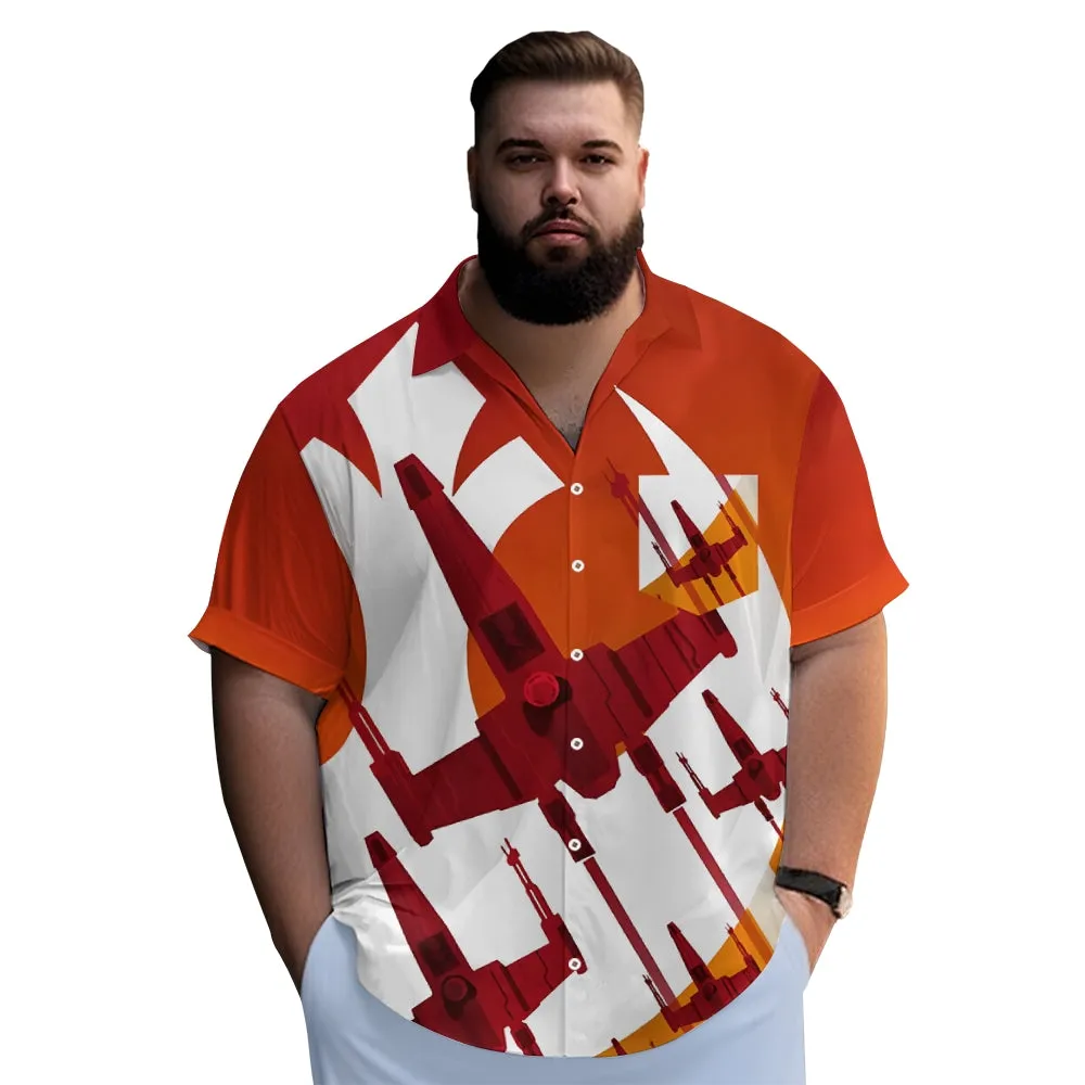 Retro Gradient Travel Spaceship Print Bamboo Linen Short Sleeve Shirt 2407003415