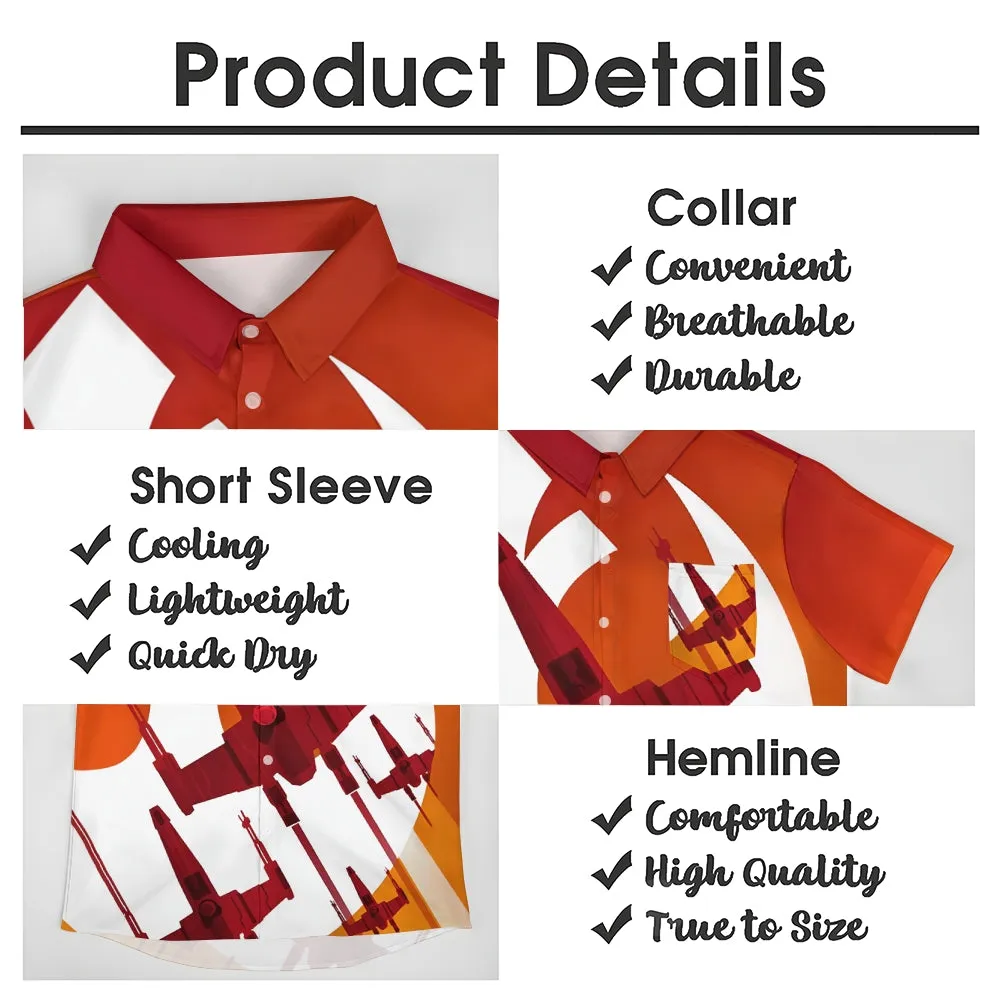 Retro Gradient Travel Spaceship Print Bamboo Linen Short Sleeve Shirt 2407003415