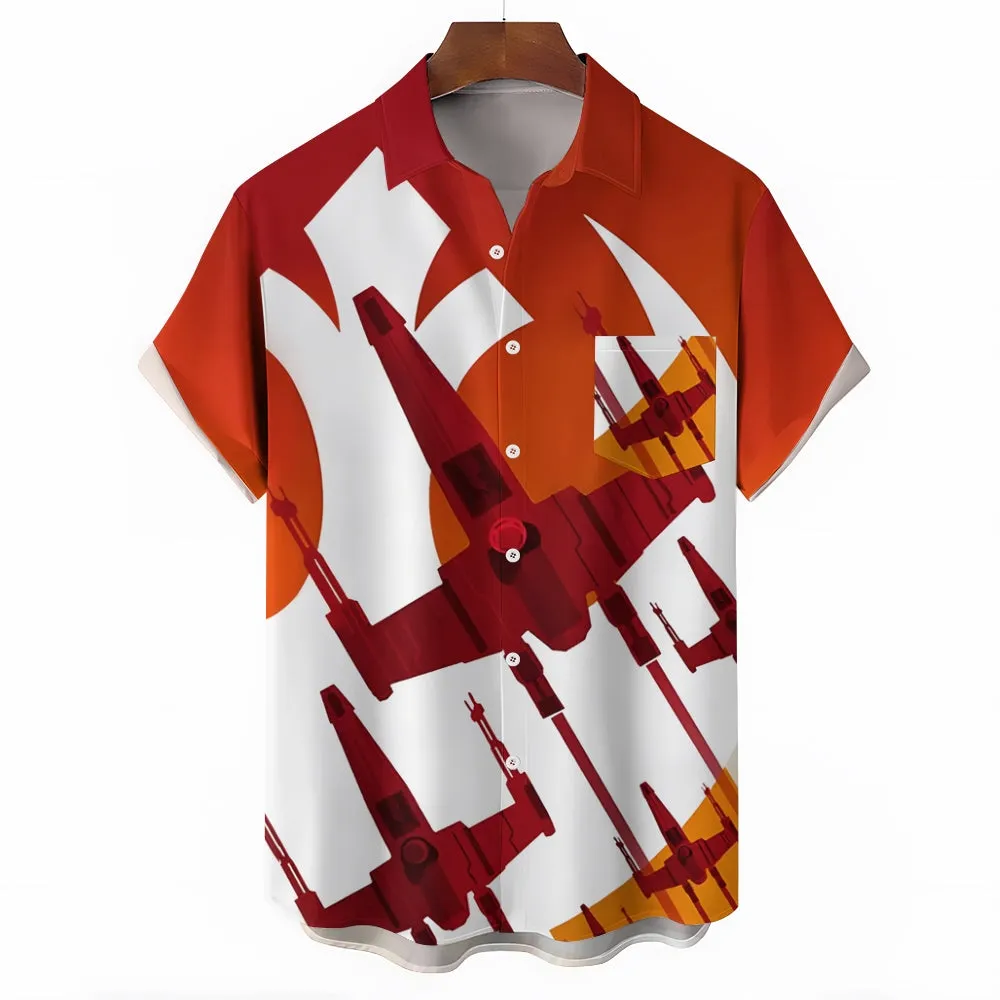 Retro Gradient Travel Spaceship Print Bamboo Linen Short Sleeve Shirt 2407003415