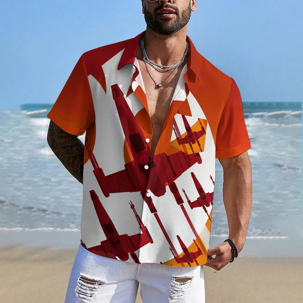 Retro Gradient Travel Spaceship Print Bamboo Linen Short Sleeve Shirt 2407003415