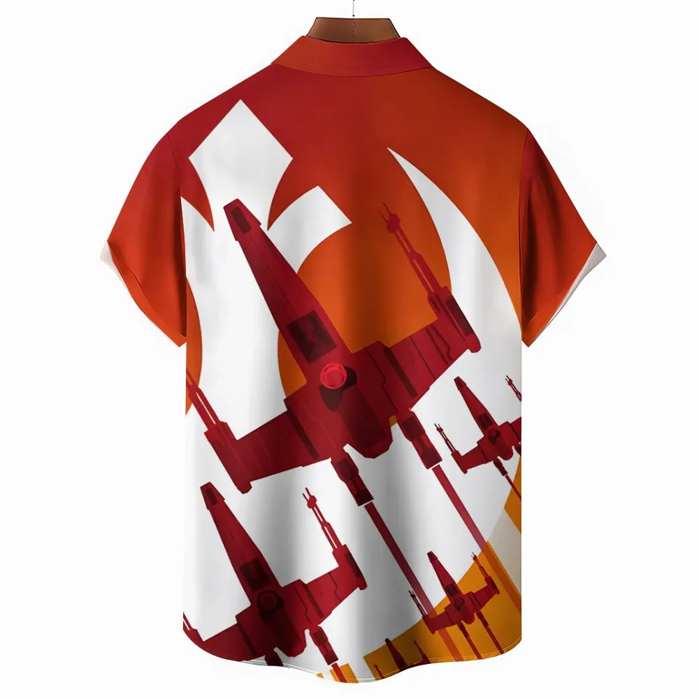 Retro Gradient Travel Spaceship Print Bamboo Linen Short Sleeve Shirt 2407003415