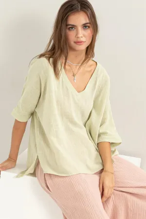 River Oversized V-Neck Top In Sage