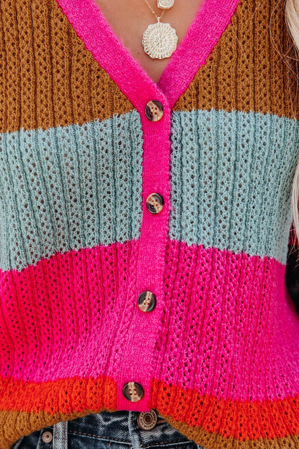 Rose Color Block Knitted Buttoned V Neck Sweater