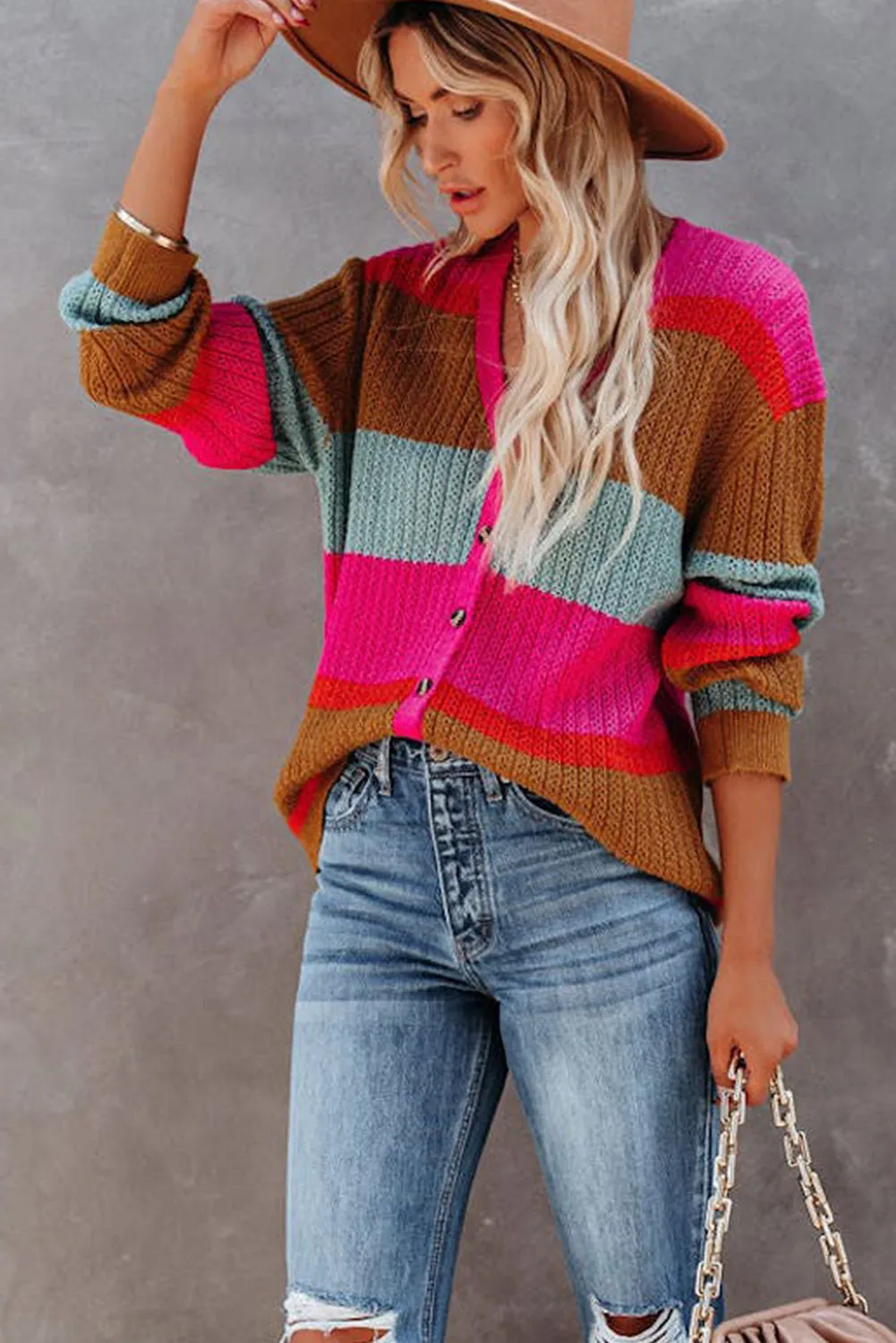 Rose Color Block Knitted Buttoned V Neck Sweater