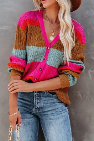 Rose Color Block Knitted Buttoned V Neck Sweater