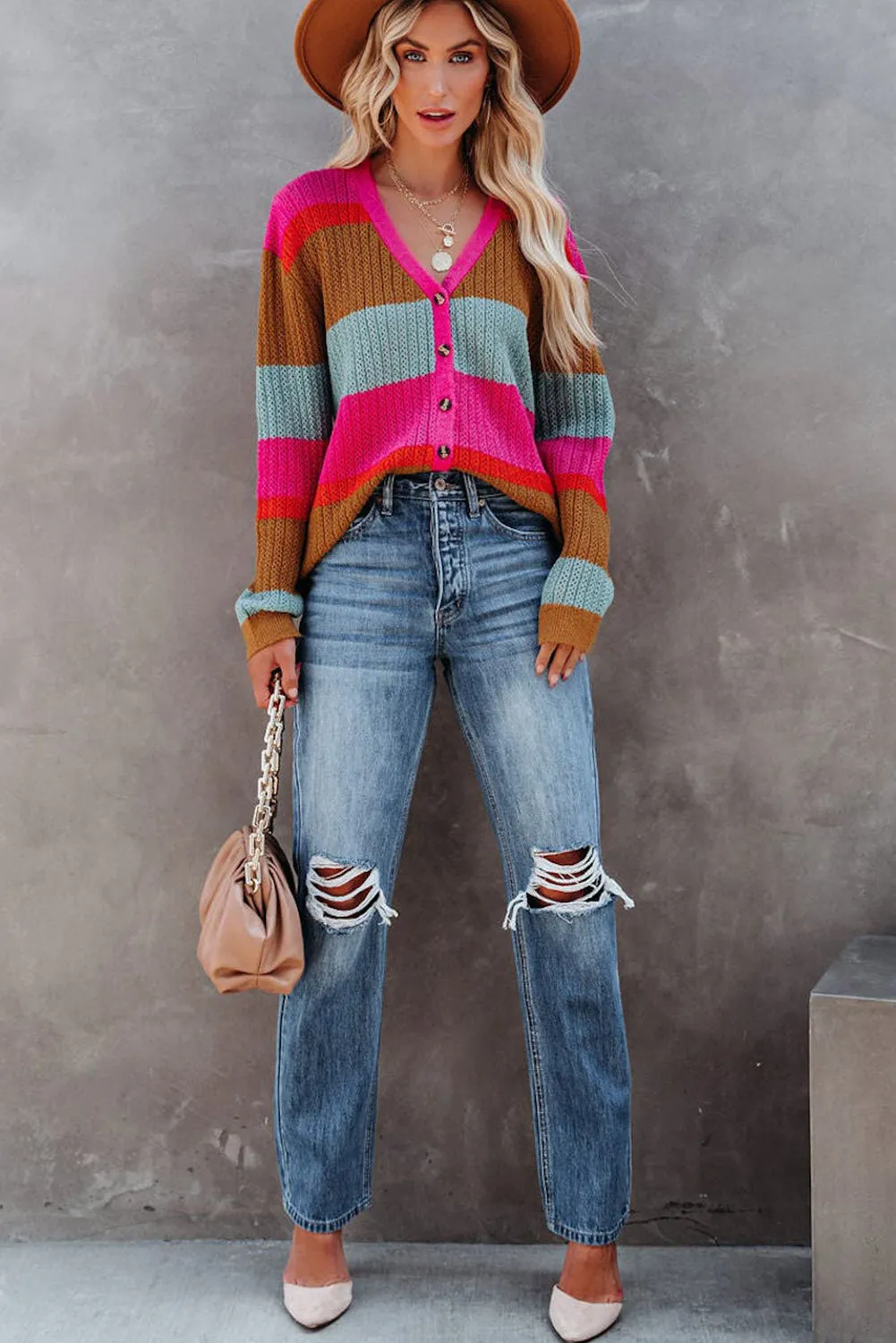 Rose Color Block Knitted Buttoned V Neck Sweater