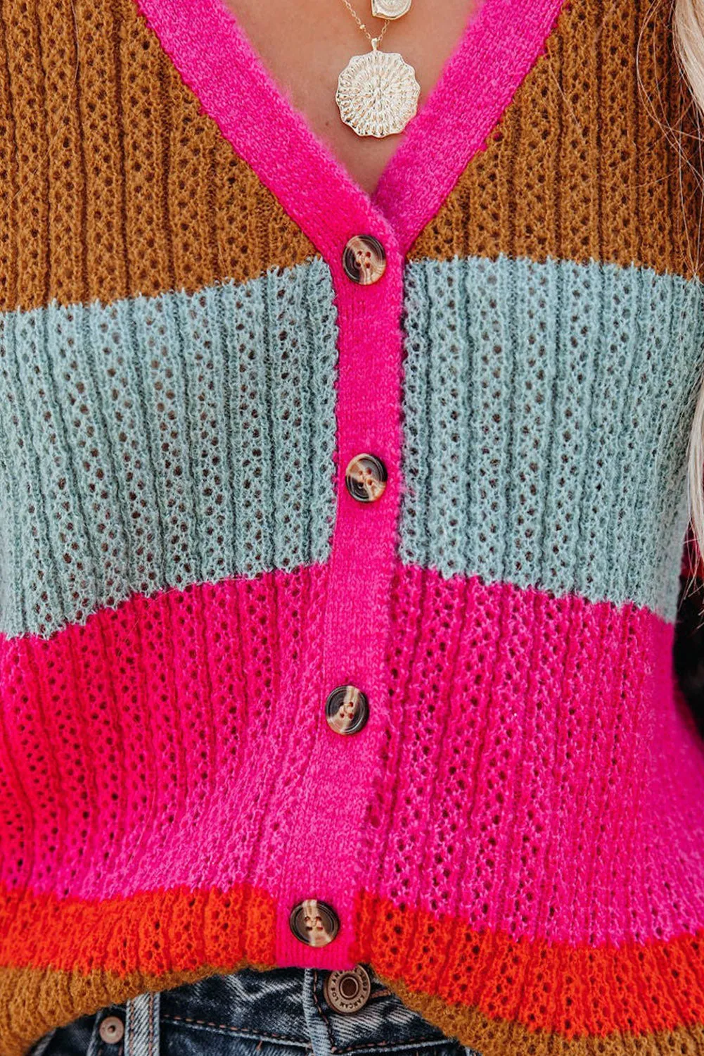 Rose Color Block Knitted Buttoned V Neck Sweater