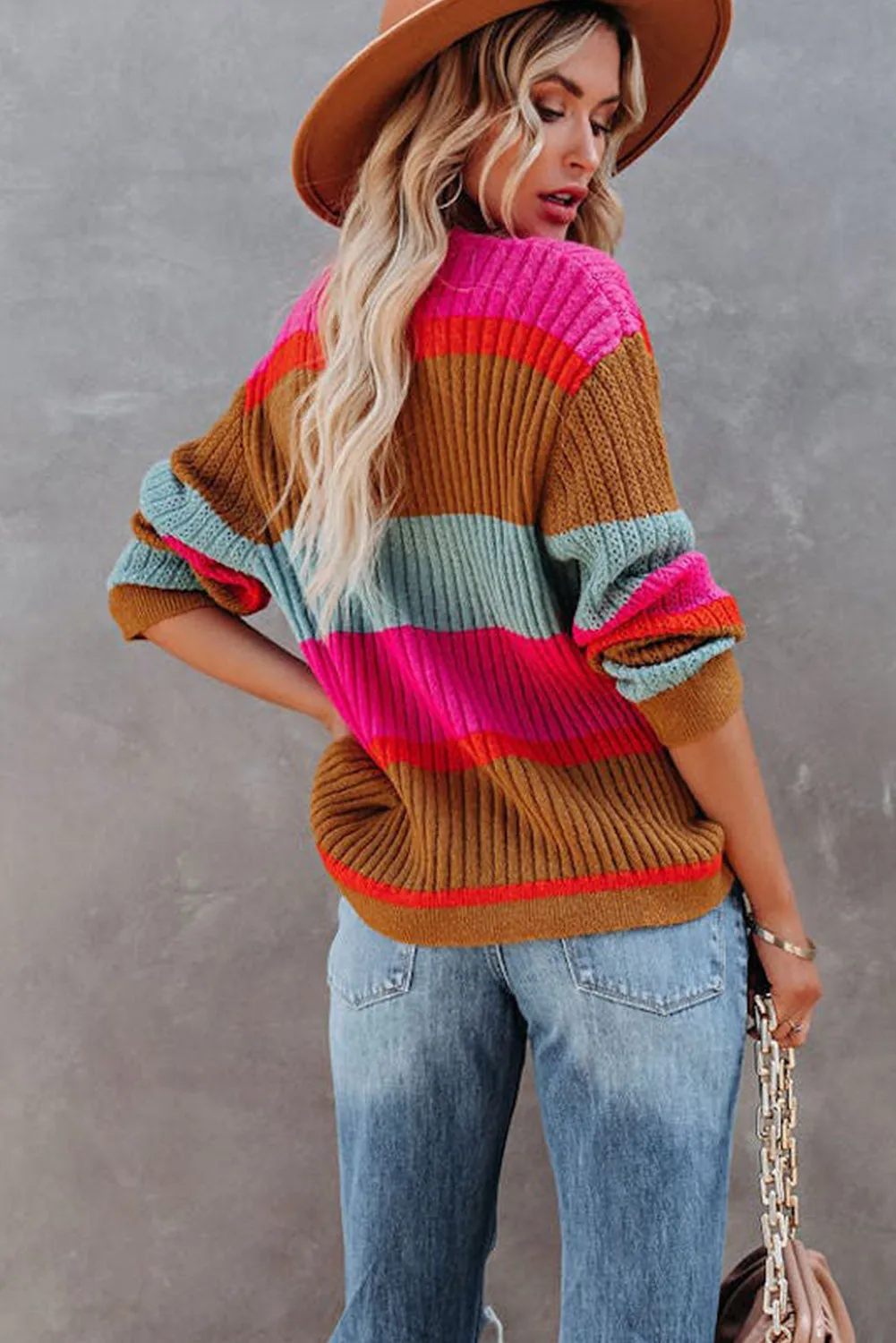 Rose Color Block Knitted Buttoned V Neck Sweater