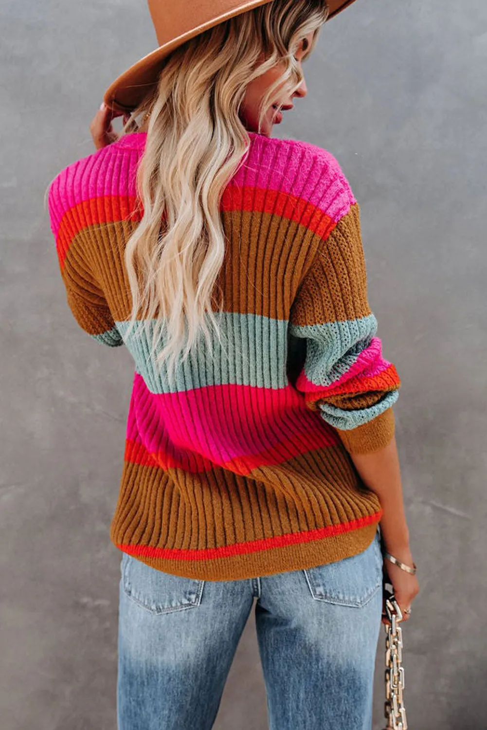 Rose Color Block Knitted Buttoned V Neck Sweater
