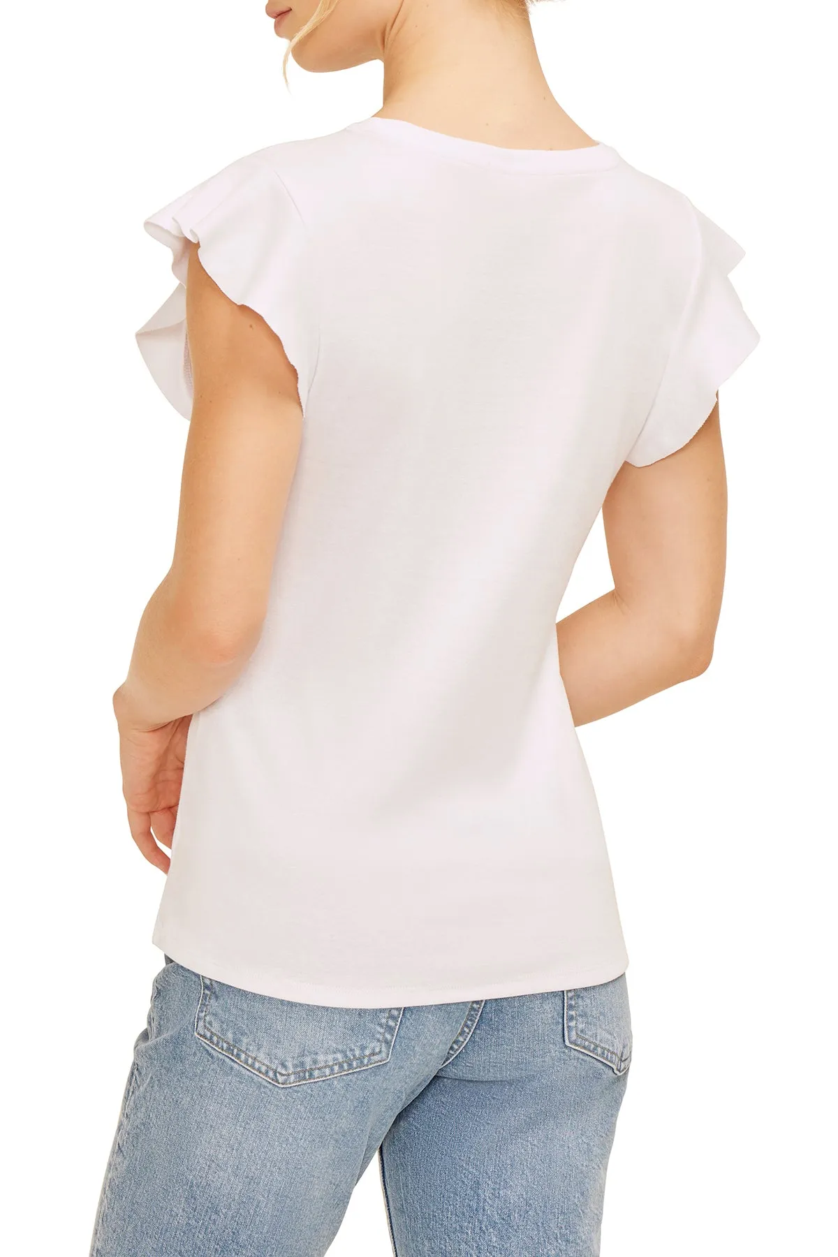 Ruffle Sleeve Crew Neck (White)