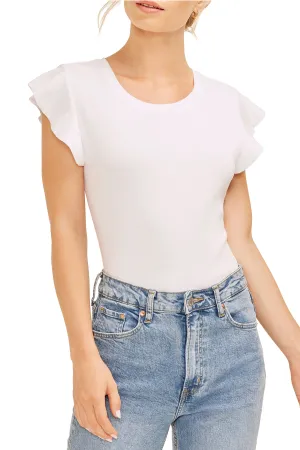 Ruffle Sleeve Crew Neck (White)