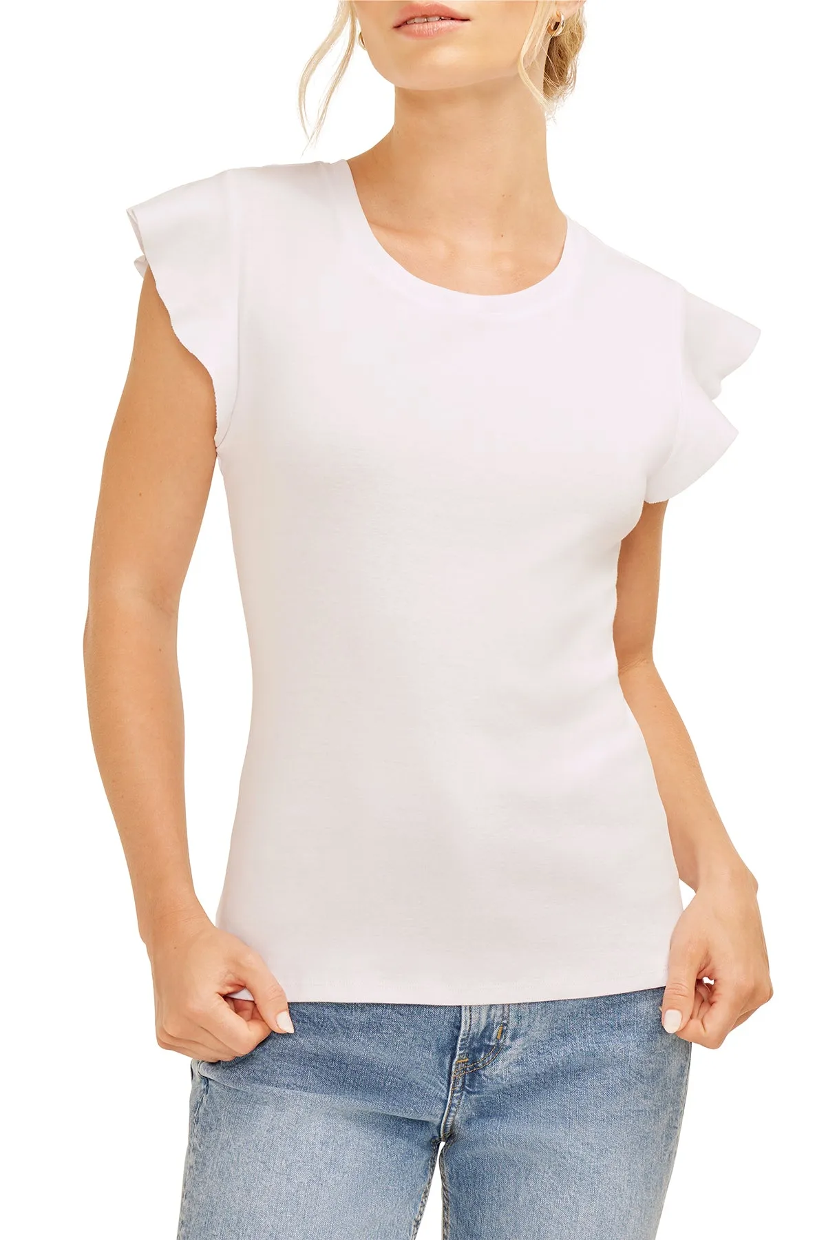 Ruffle Sleeve Crew Neck (White)