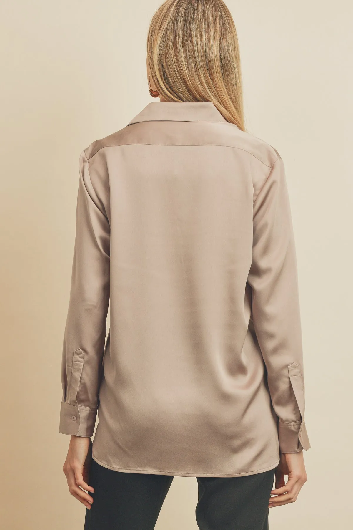 Satin Hidden Button Down Shirt