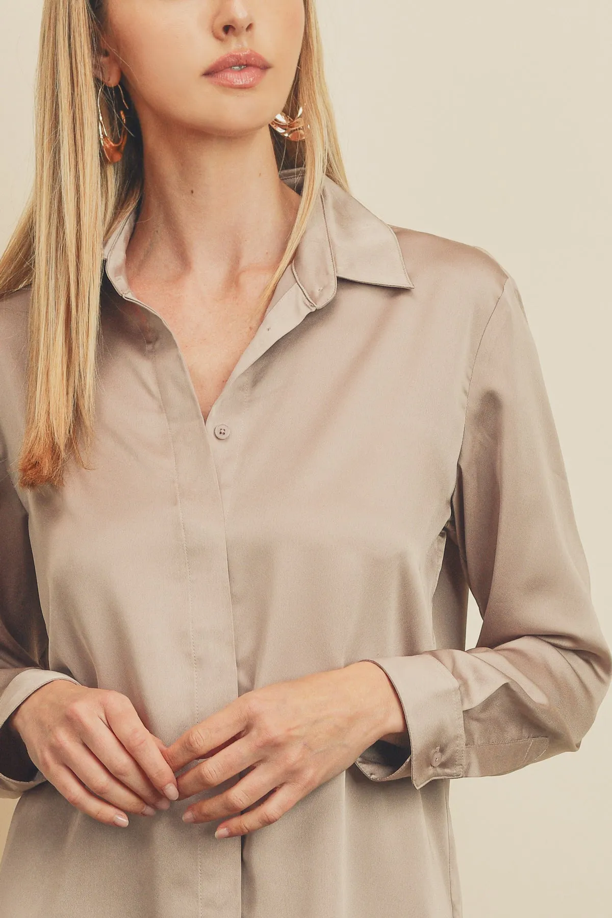 Satin Hidden Button Down Shirt