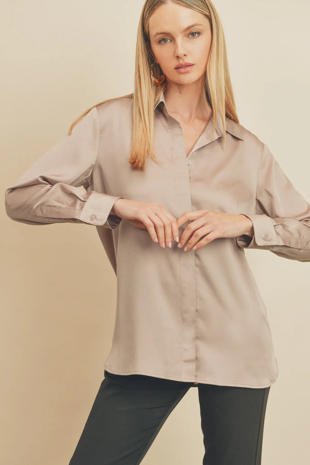 Satin Hidden Button Down Shirt