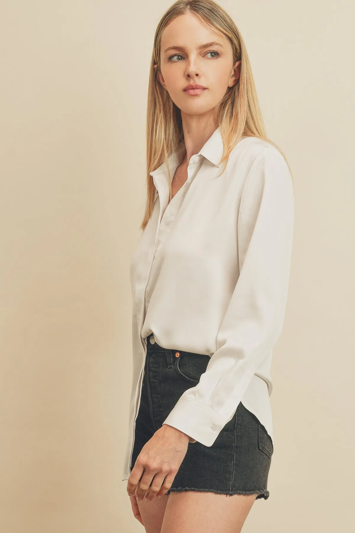 Satin Hidden Button Down Shirt