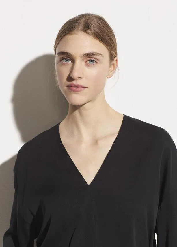 Satin V-Neck Popover in Black