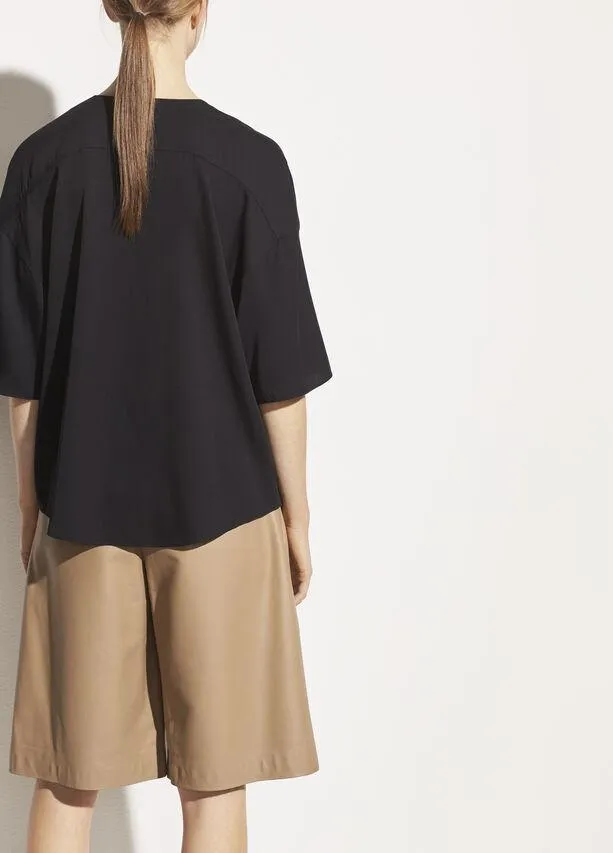 Satin V-Neck Popover in Black