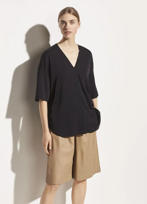 Satin V-Neck Popover in Black