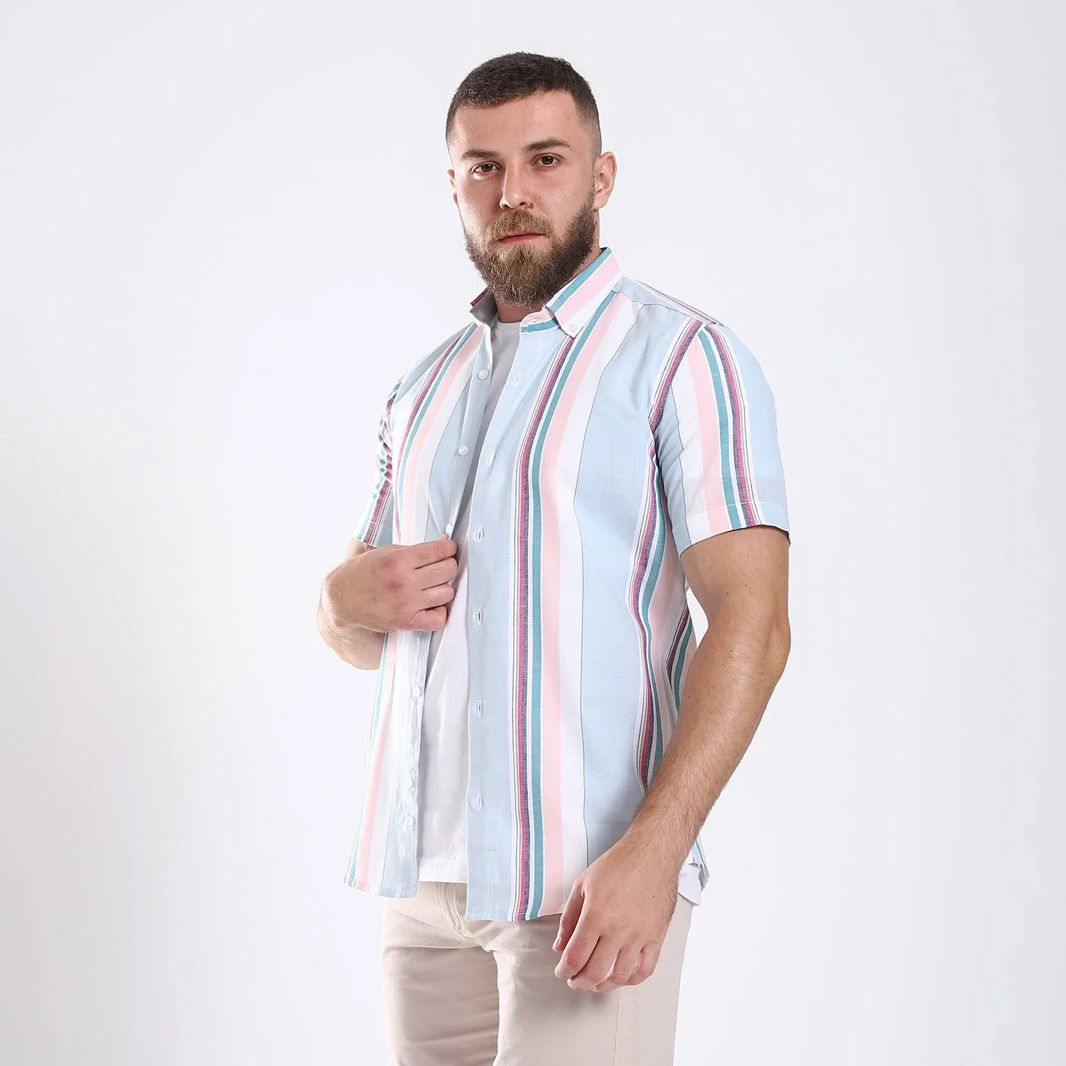 Short Sleeve Linen Striped Shirt - Multicolors