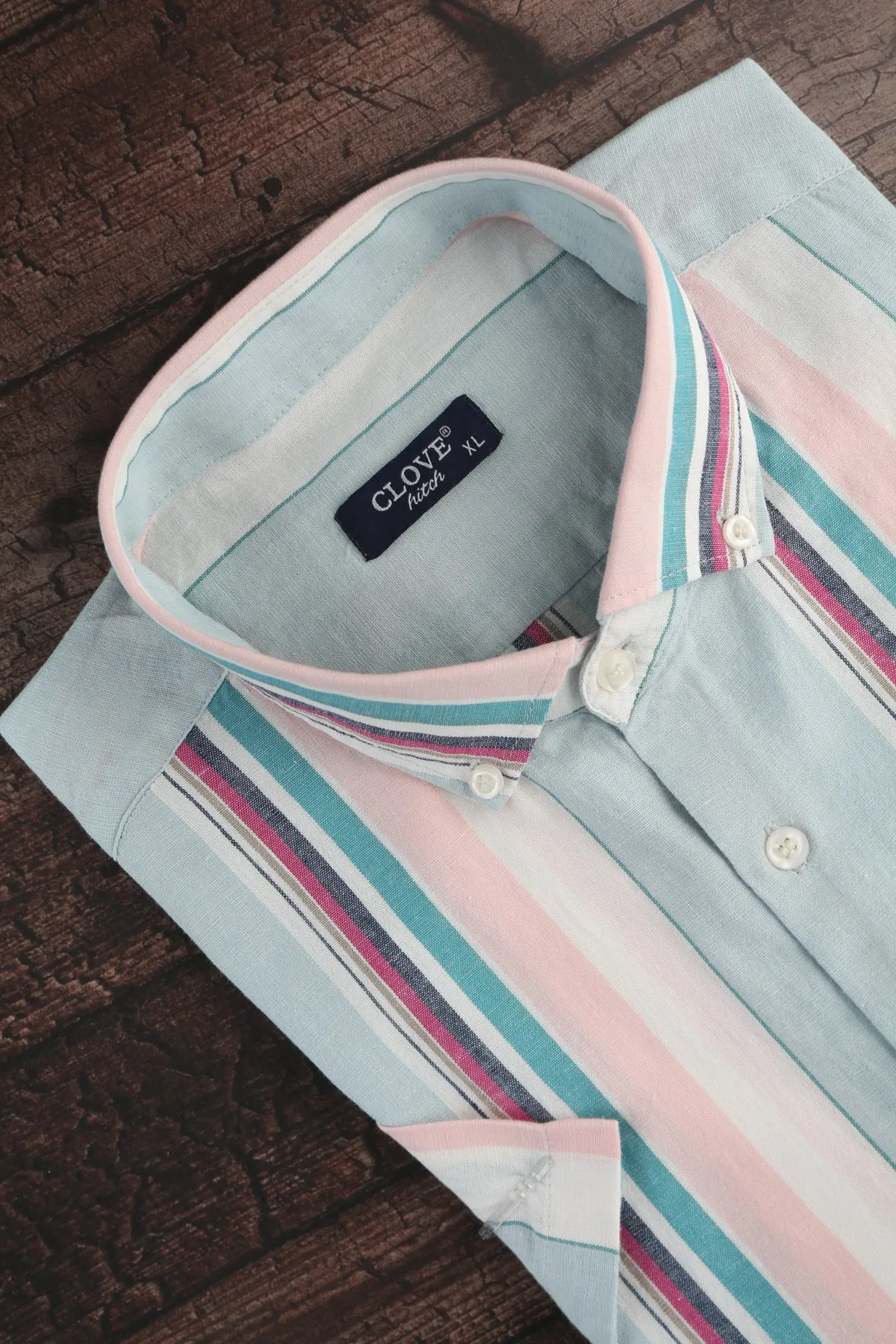 Short Sleeve Linen Striped Shirt - Multicolors