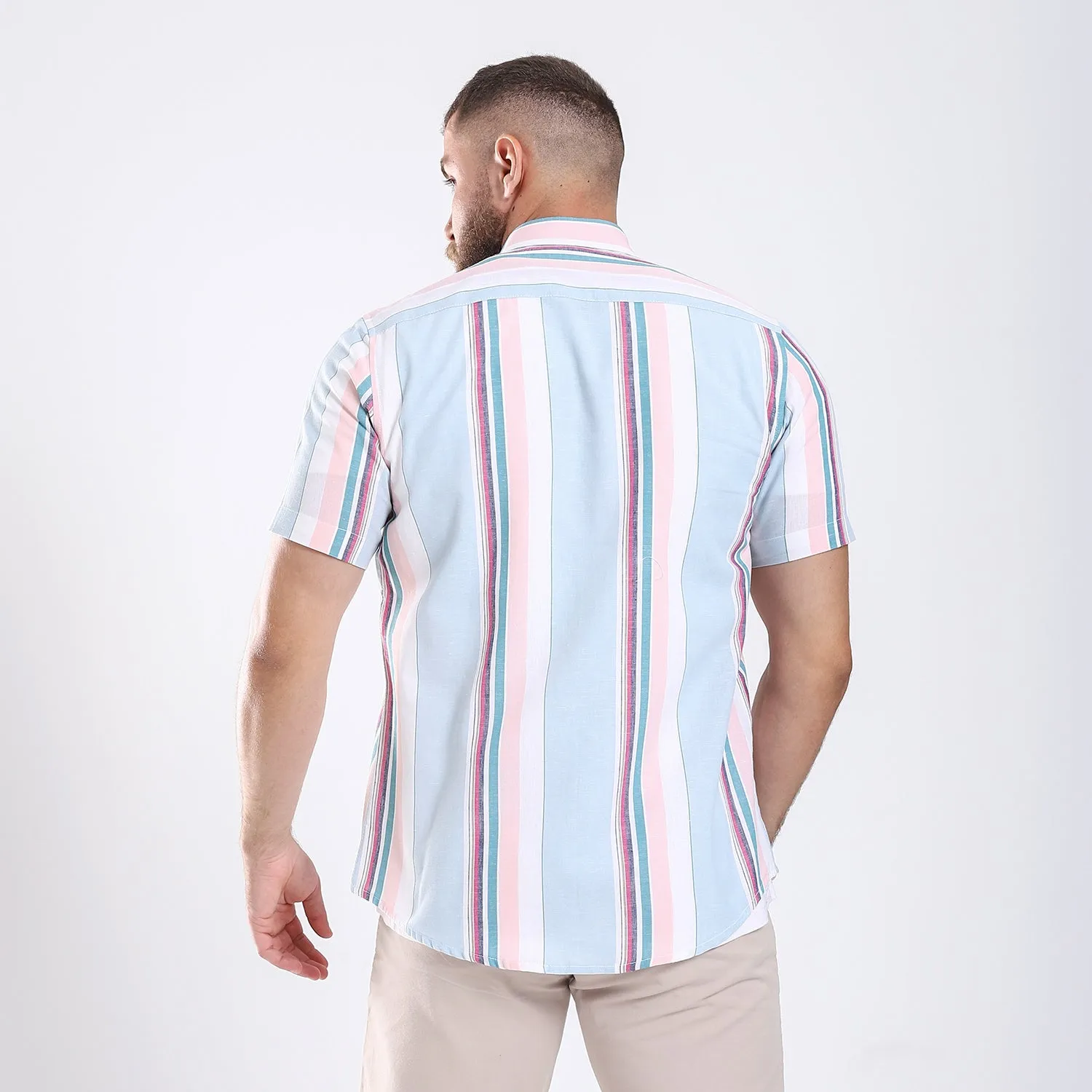 Short Sleeve Linen Striped Shirt - Multicolors