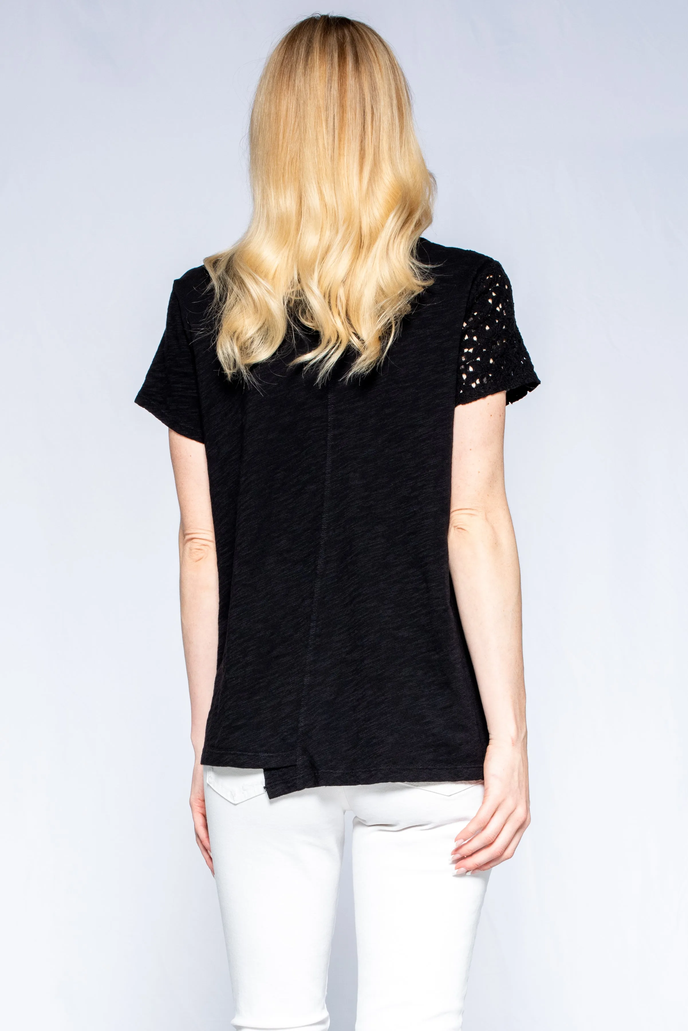 Shrunken Crew Lace Yoke Short Sleeve Shifted Center Front