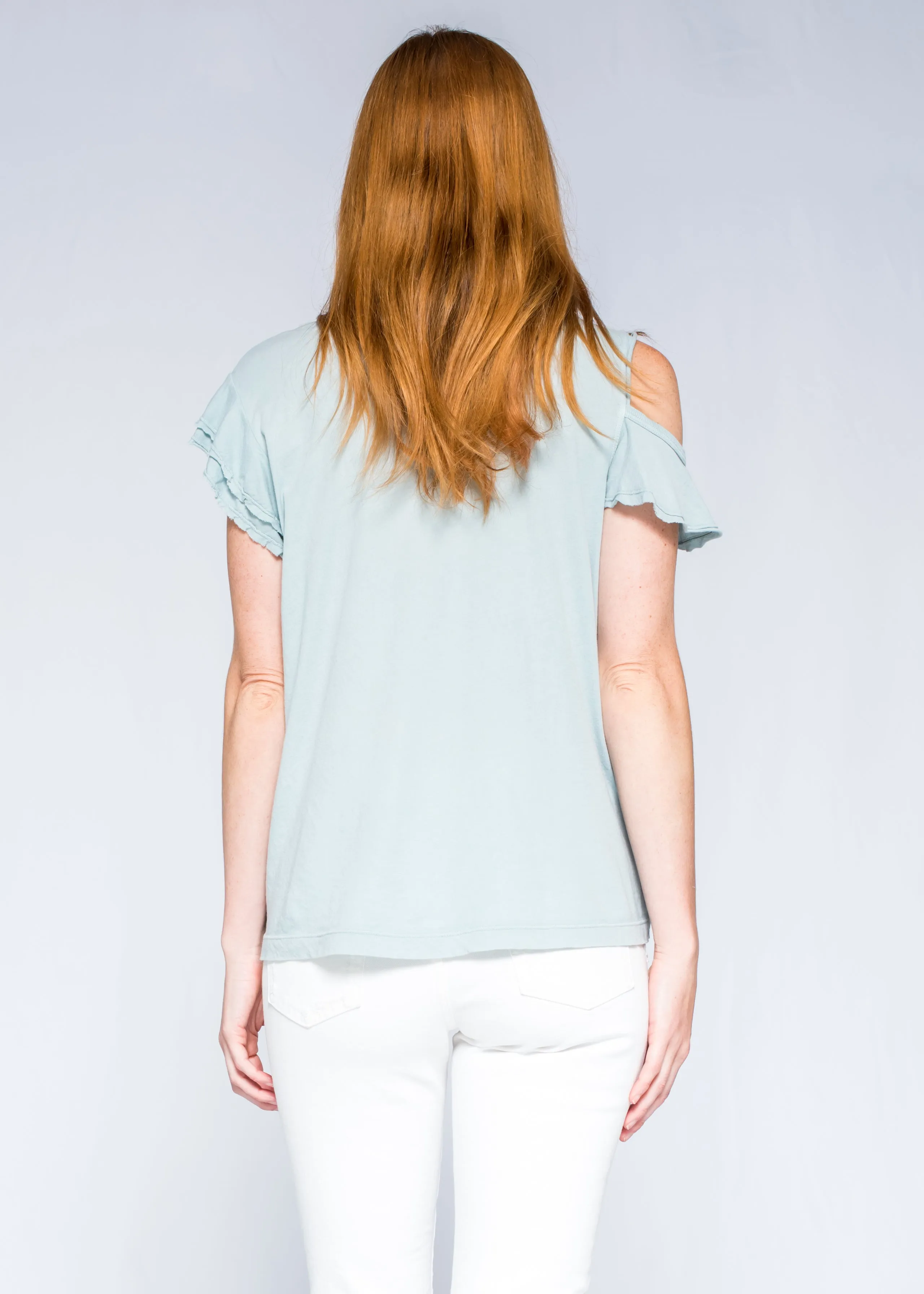 Shrunken Crew Ruffle Cold Shoulder Double Flutter