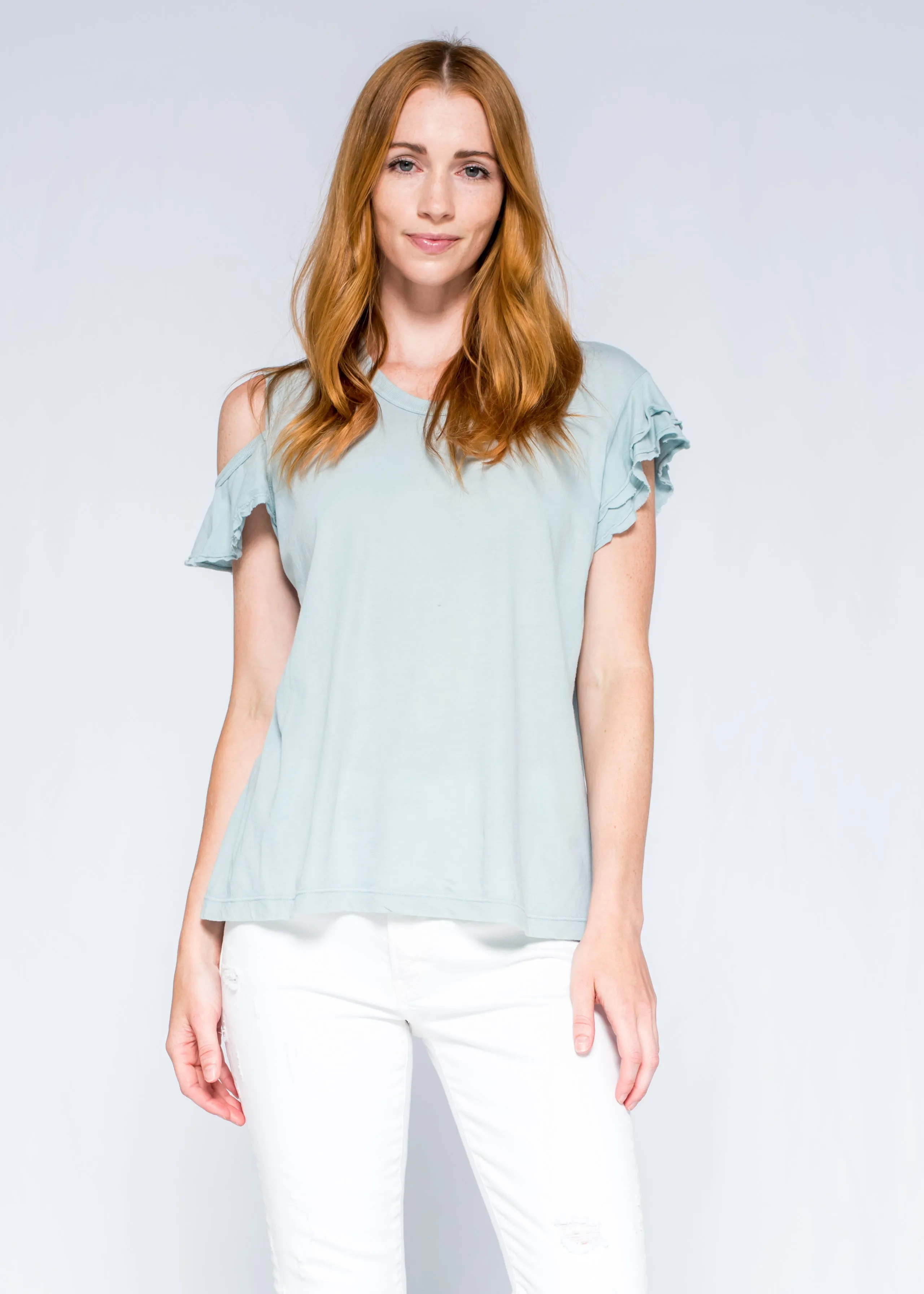 Shrunken Crew Ruffle Cold Shoulder Double Flutter