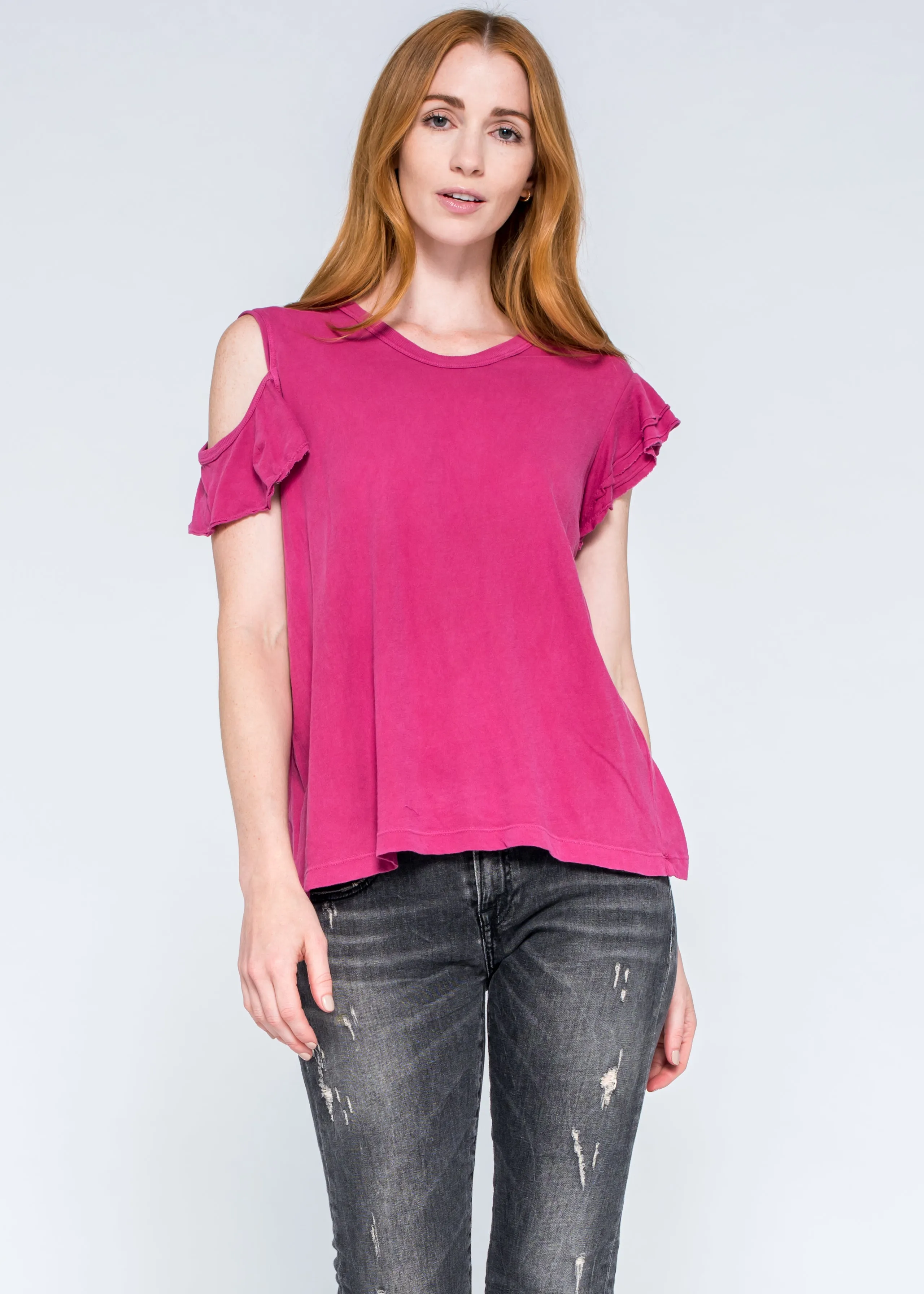 Shrunken Crew Ruffle Cold Shoulder Double Flutter
