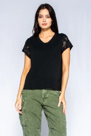 Shrunken Crew Tee with Lace Sleeves