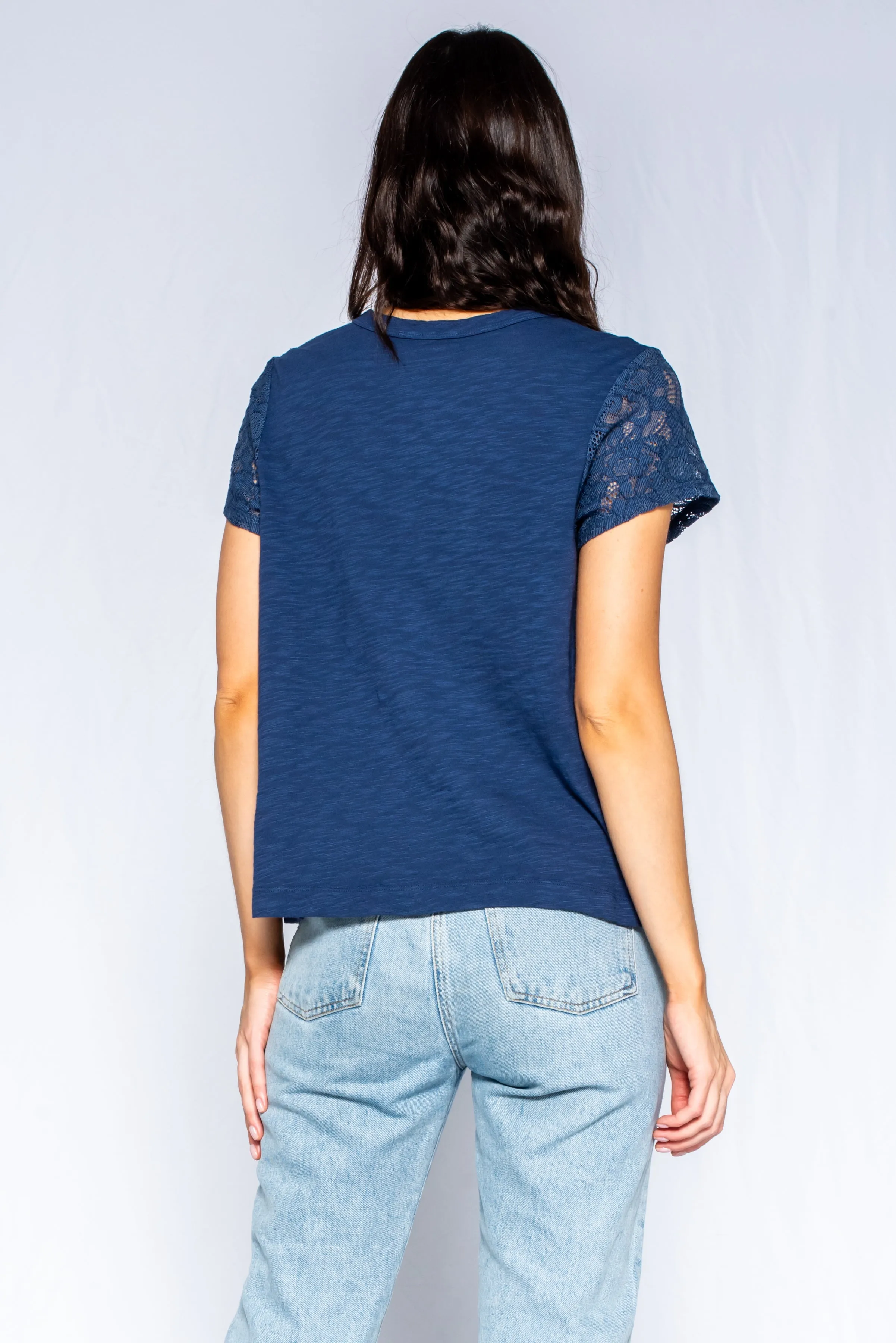 Shrunken Crew Tee with Lace Sleeves