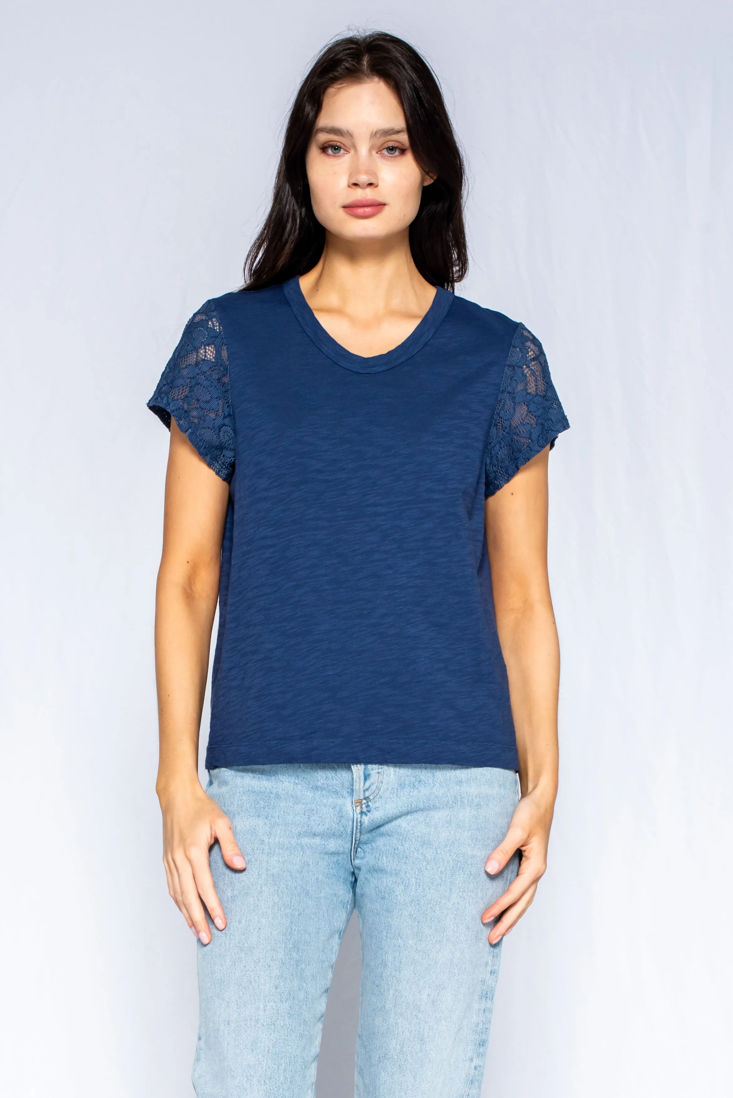 Shrunken Crew Tee with Lace Sleeves