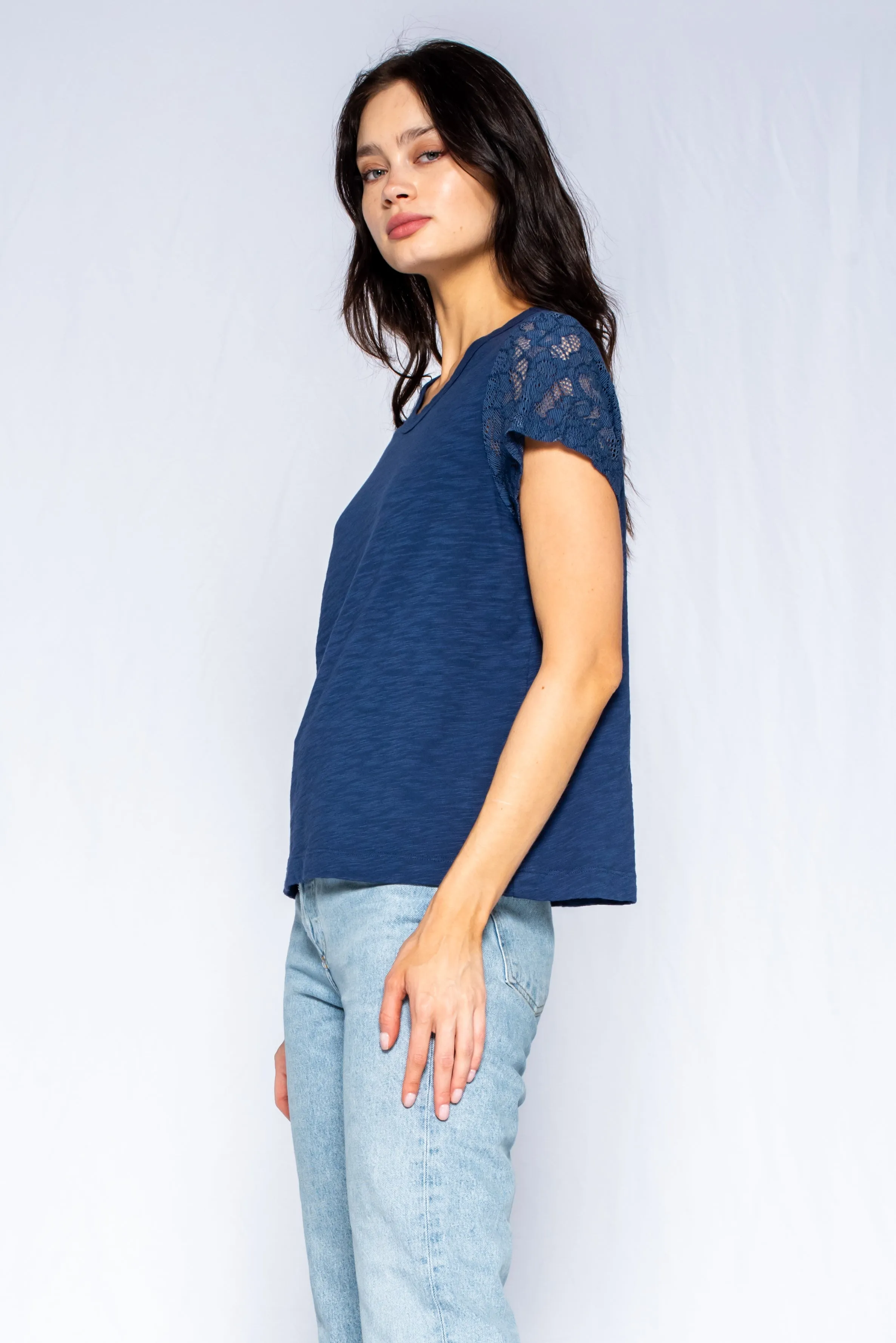 Shrunken Crew Tee with Lace Sleeves