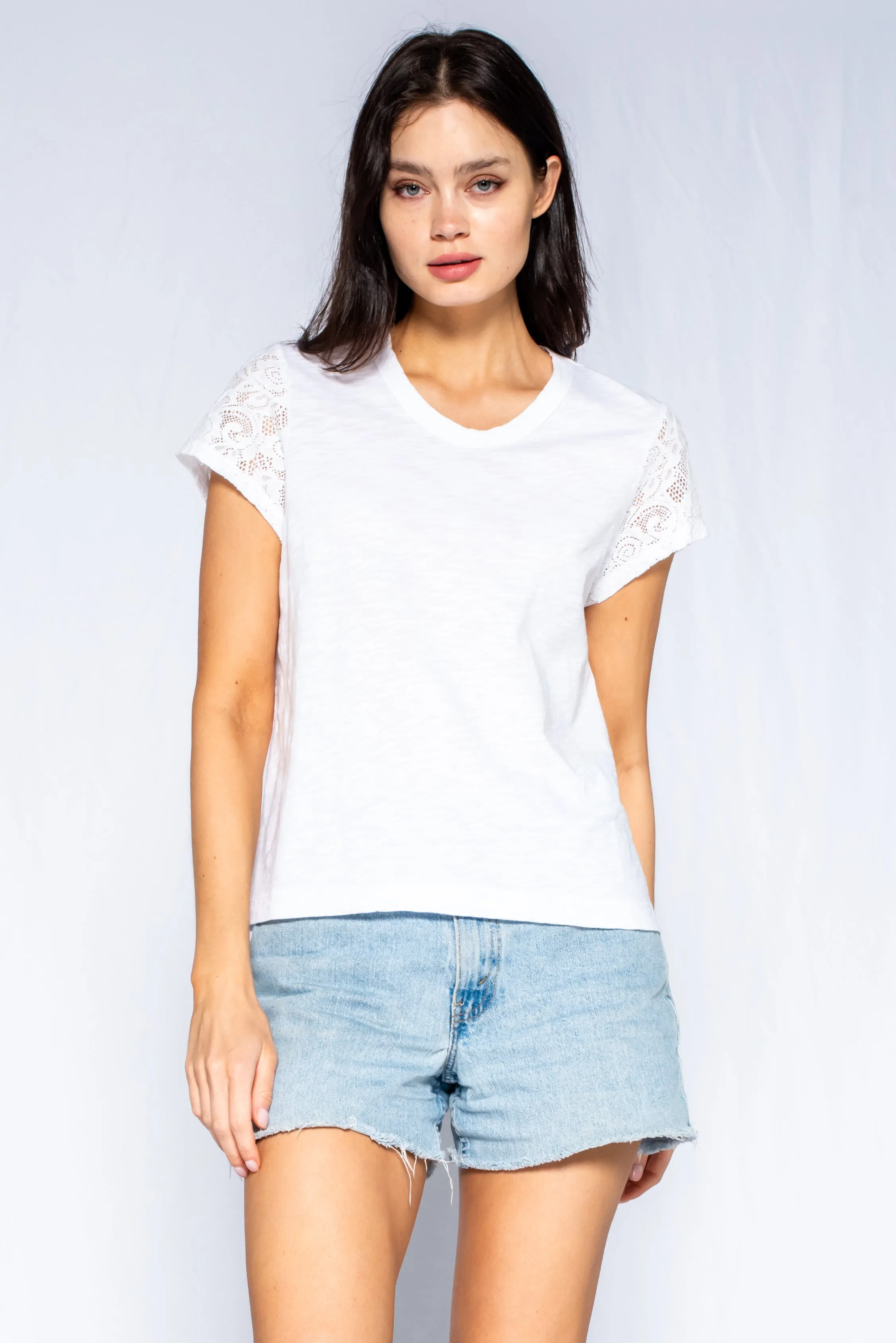 Shrunken Crew Tee with Lace Sleeves