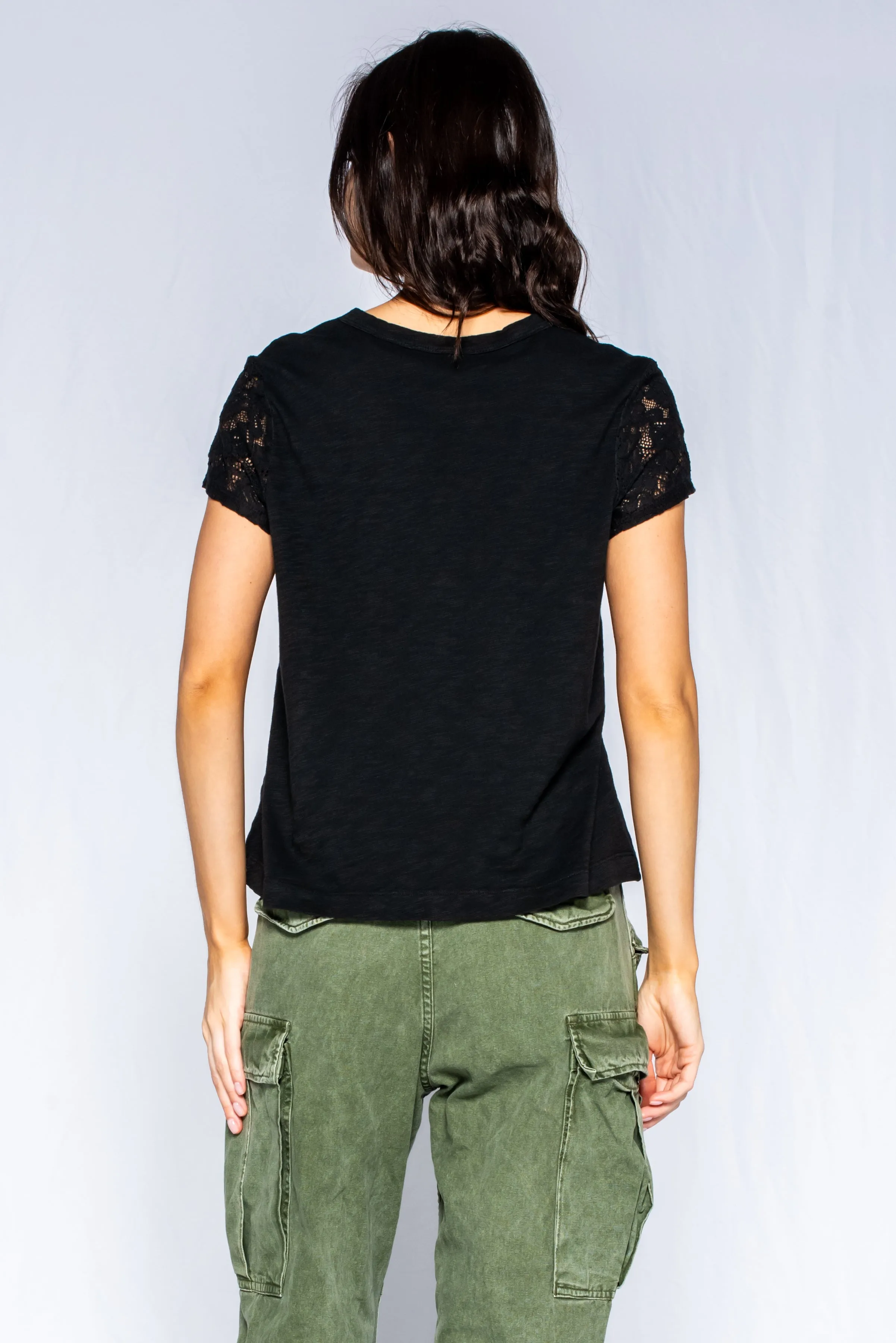Shrunken Crew Tee with Lace Sleeves
